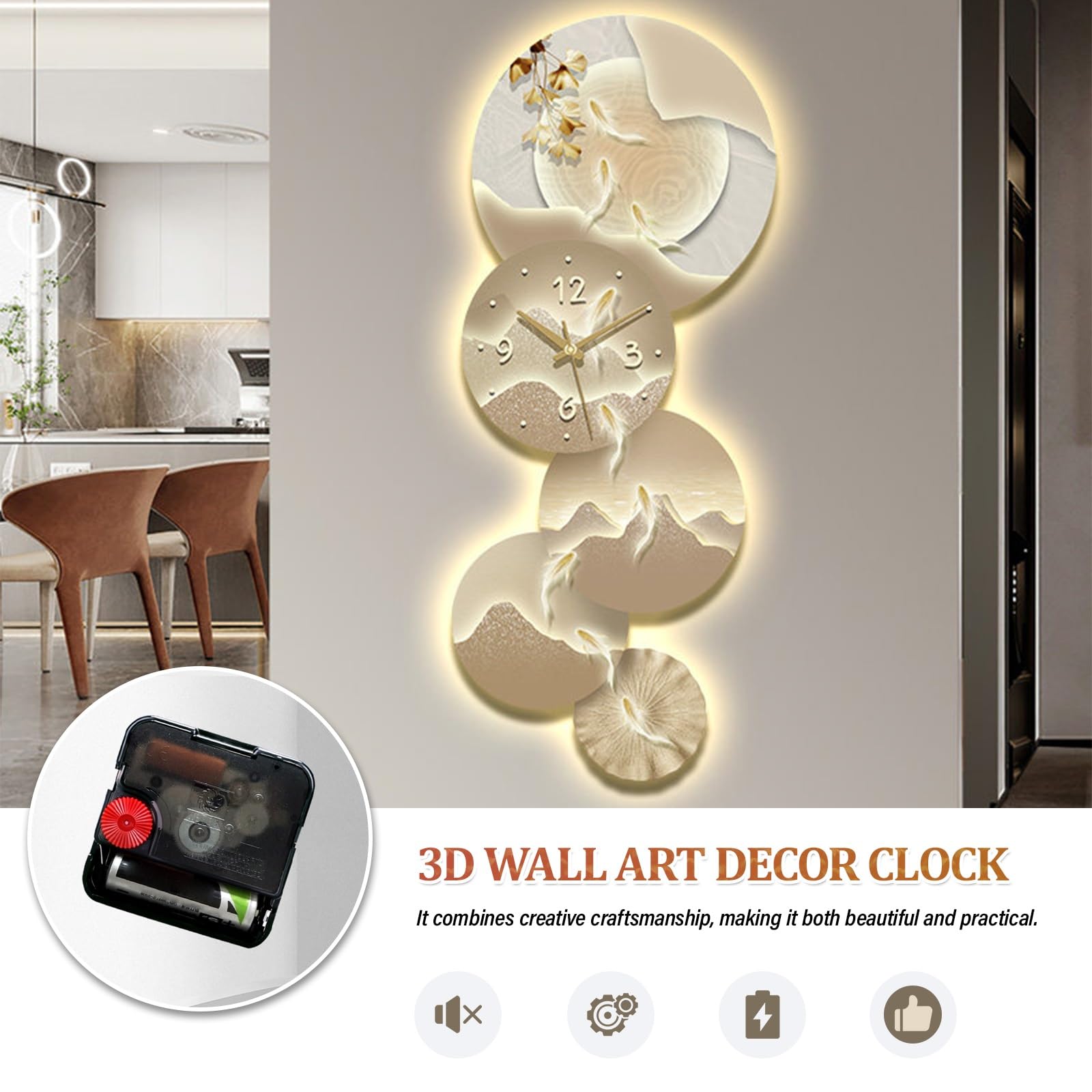Orologio decorativo da parete 3D, orologio creativo silenzioso con luce LED, scultura decorativa moderna per soggiorno, camera da letto, ufficio, corridoio, ingresso