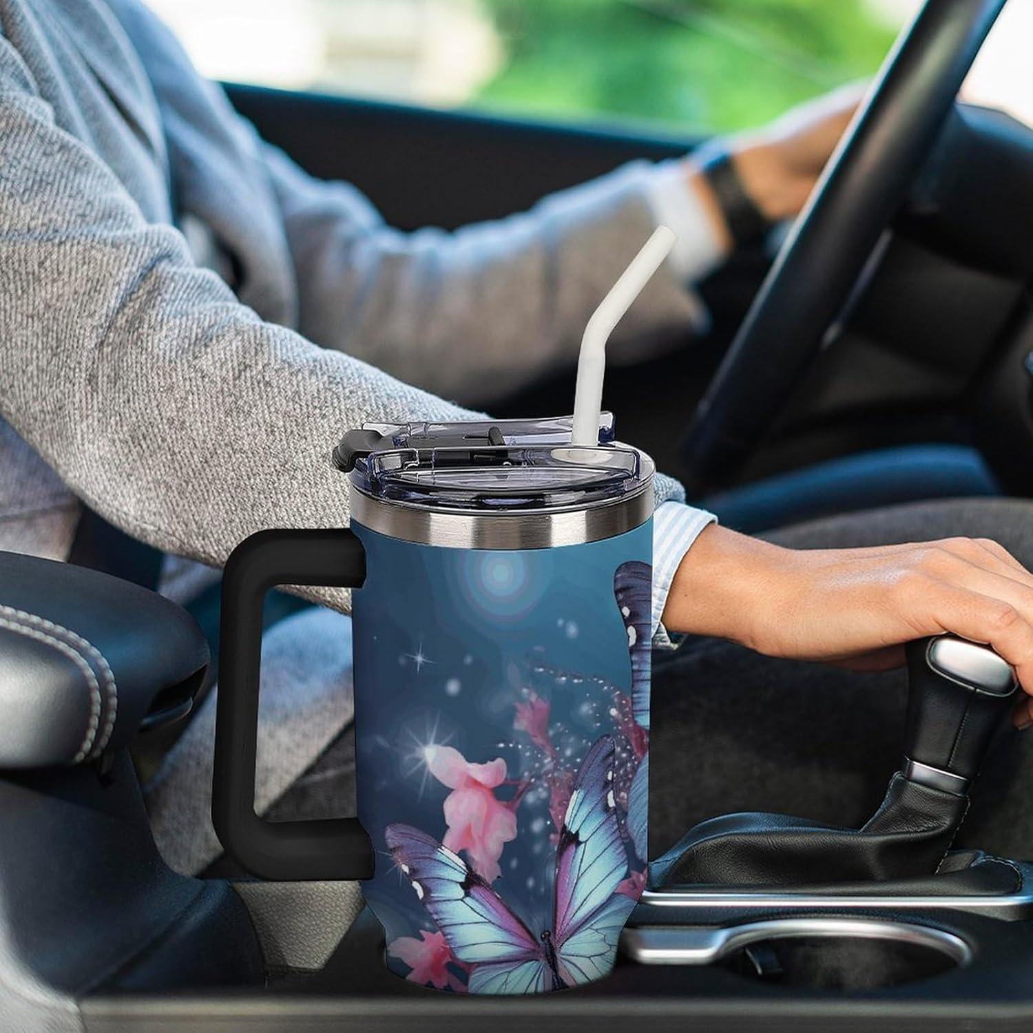 40 Oz Tumbler with Straw And Lid Butterfly Blossoms Insulated Travel Coffee Mug Stainless Steel Water Bottle Vacuum Insulated Tumblers for Sport Work Car Travel Weekends