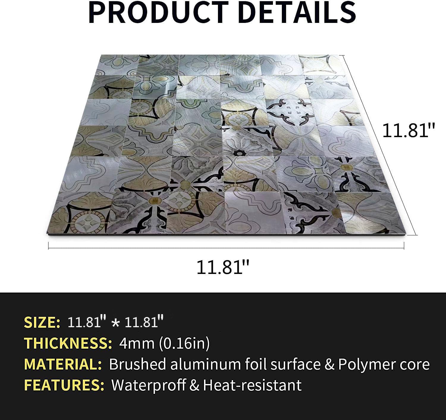 WEIMEISC 10 pcs Peel and Stick Tile Backsplash,Metal Subway Tile Stick on Kitchen Wall Bathroom (4-Color Printing)