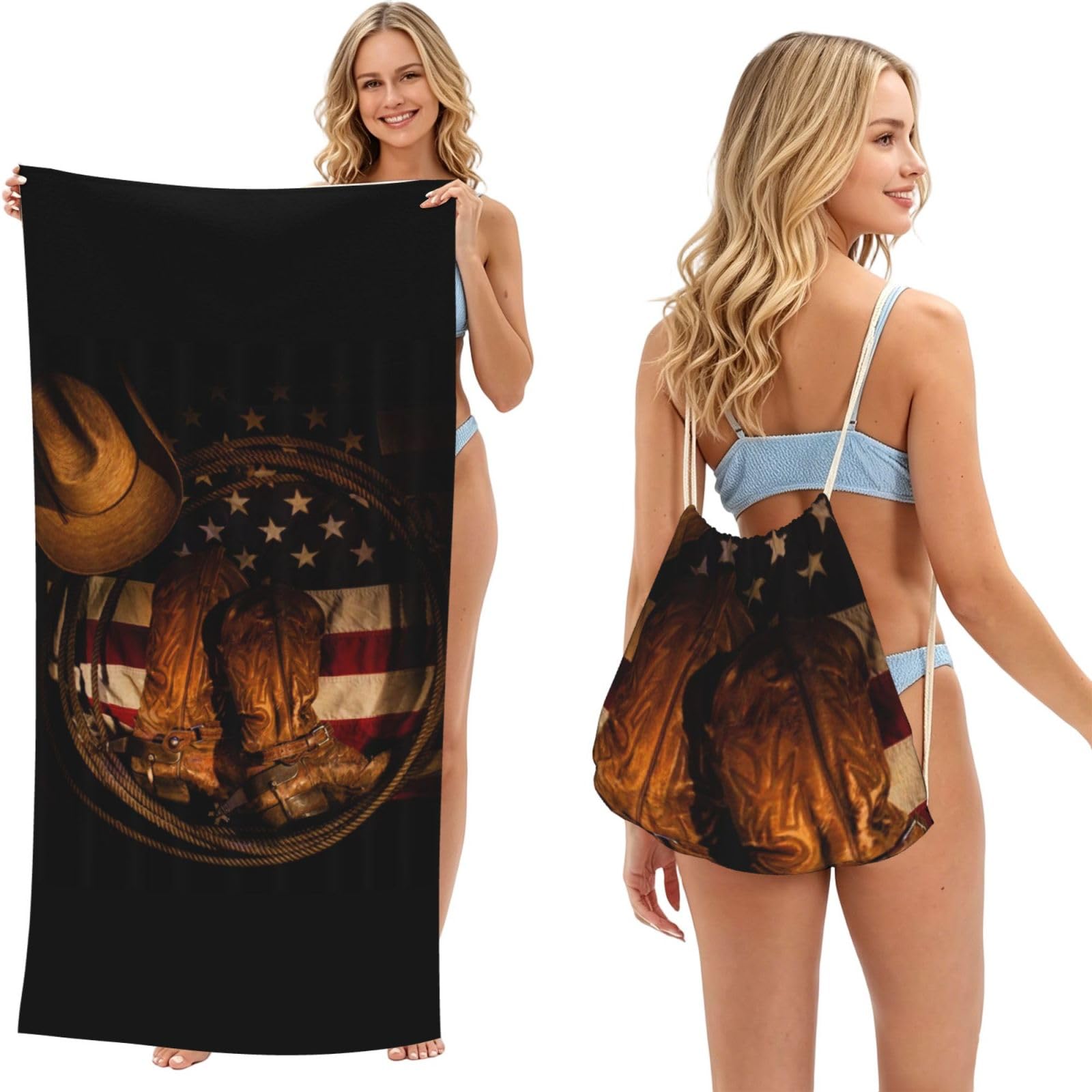 WSHFFILO American Flag with Cowboy Boots printed 2 in 1 Packable Towel Bag Bath Towel Beach Towel