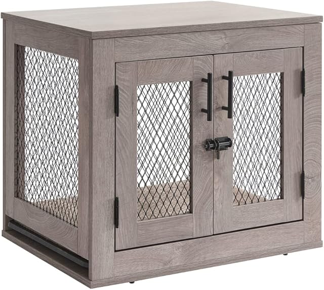 unipaws Wooden Dog Crate Furniture End Table, Puppy Dog Cage with Tray and Bed, 24 inch Pet Kennels for Small Dogs, Cats and Kittens