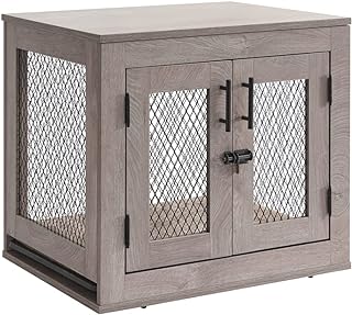 unipaws 25.5 Inch Dog Crate Furniture, Wooden Dog Kennel for Small Breed, Indoor Wood Dog Cage, Inside Side End Table Crate with Tray and Dog Bed for Puppy, Cats, Min Pigs, Rabbit, Up to 25 lbs
