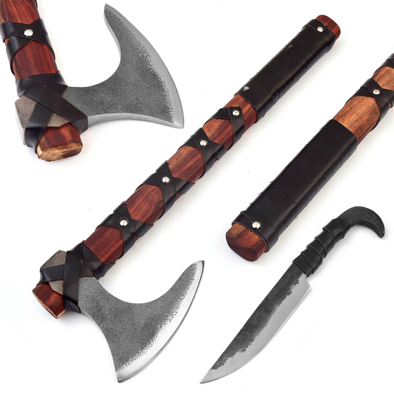 AxenCraft Viking Axe with Falcon Gift Knife Along with Sheath - Hand-Forged High Carbon Steel,Gift for him Real Weapon, Bearded Axe,Ragnor Lothbrok,Tomahawk |Axe-Knife|A001 (Ragnar)