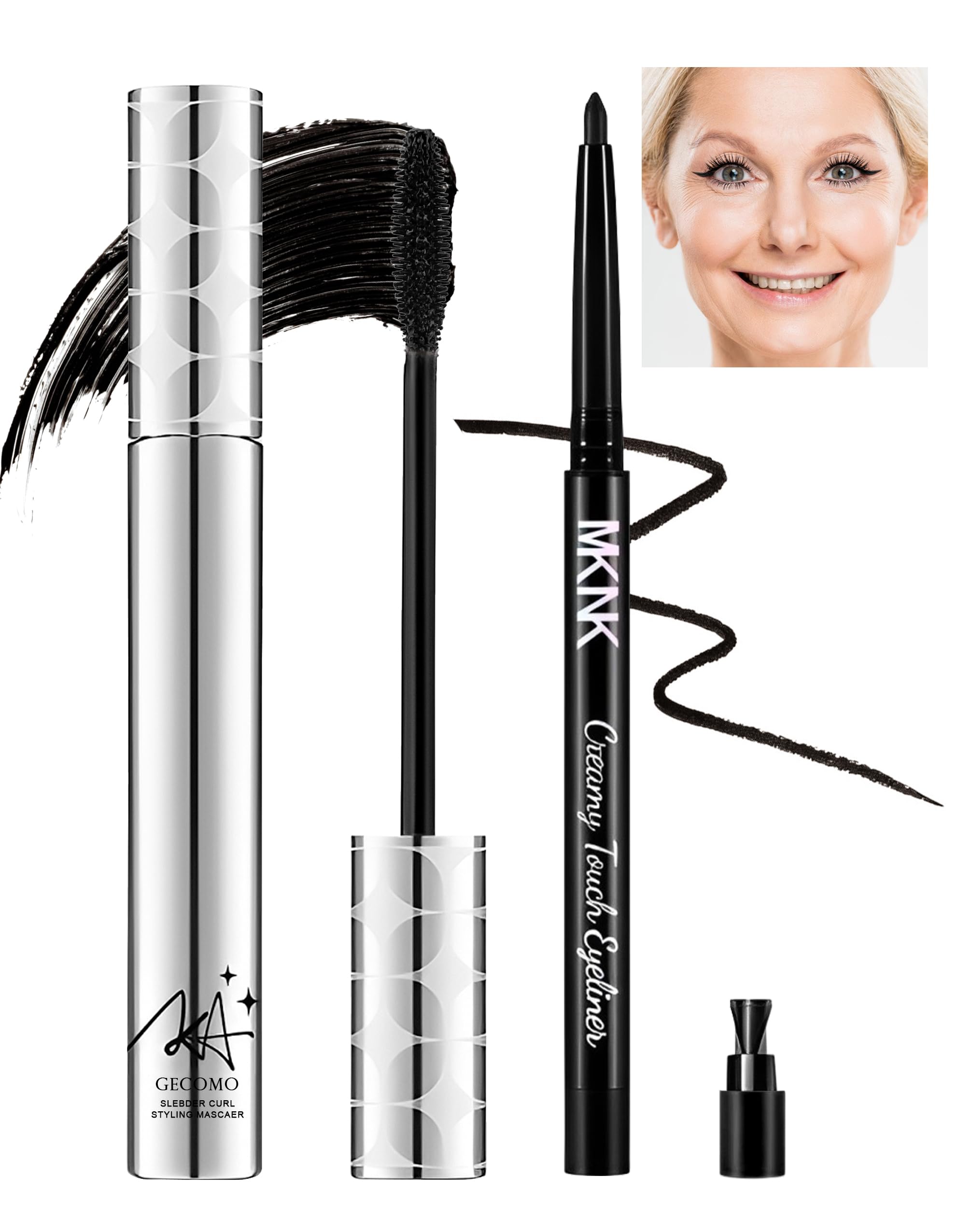 Jutqut 2PCS Mascara for Older Women 60 Plus and Eye Liner Pencils Makeup Set, Mascara Volume and Length Waterproof, Hypoallergenic for Sensitive Eyes, Smudge Proof Long Lasting #Dark