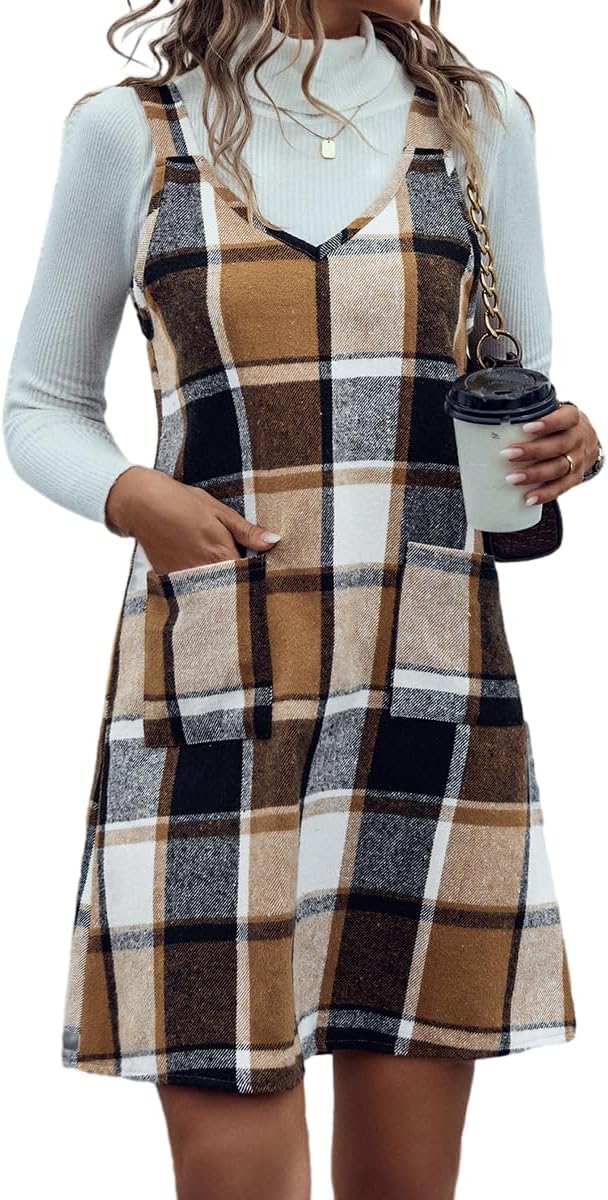Plaid Overall Dress for Women Fall Winter Sleeveless Plaid Dresses with Pockets