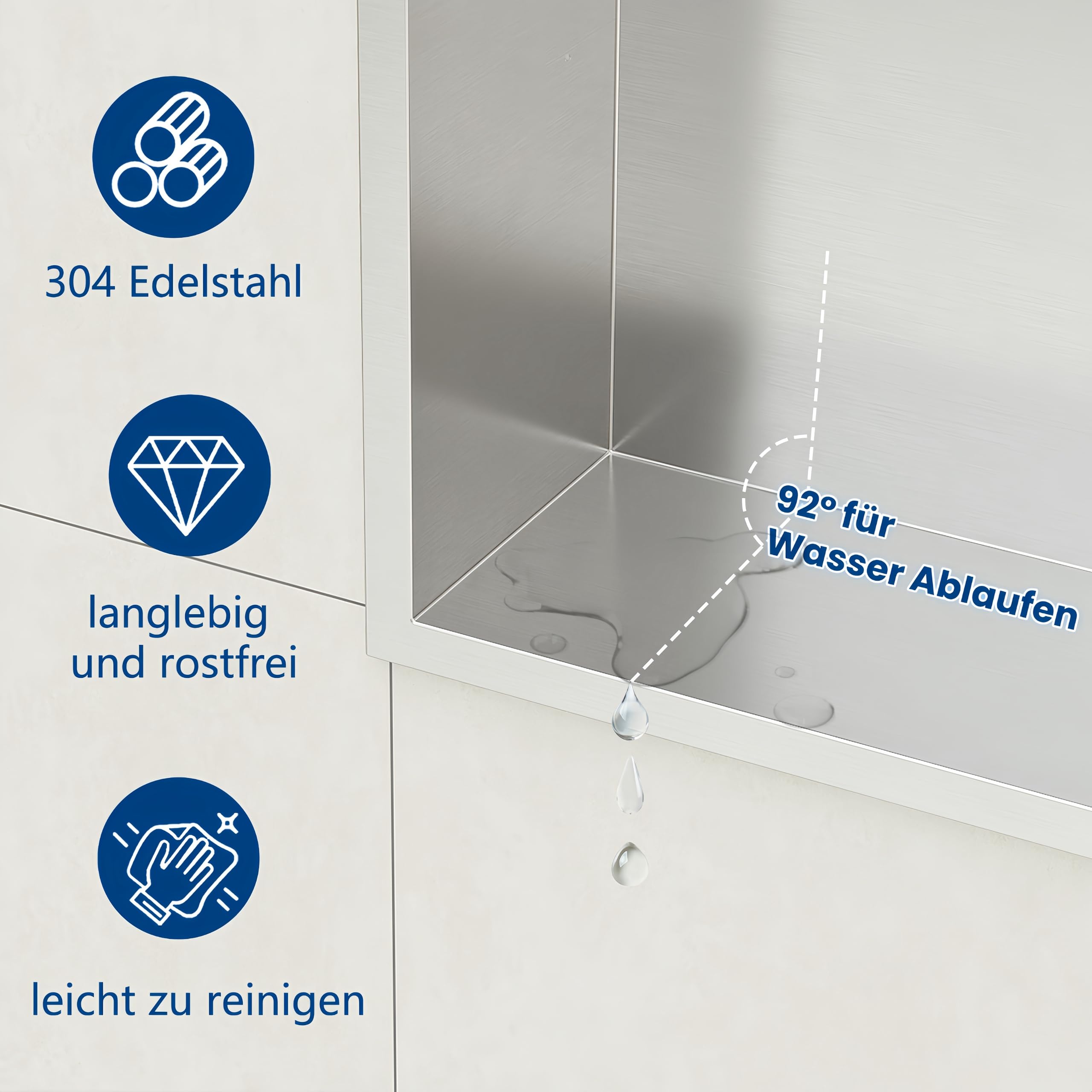 Qeke Duschnische, Eingebaute Badablage mit Rahmen, 60cm, Nickel | 304 Edelstahl, rostbeständig, wasserdicht, leicht zu reinigen, mehrere Größen, ideal zur Duschaufbewahrung