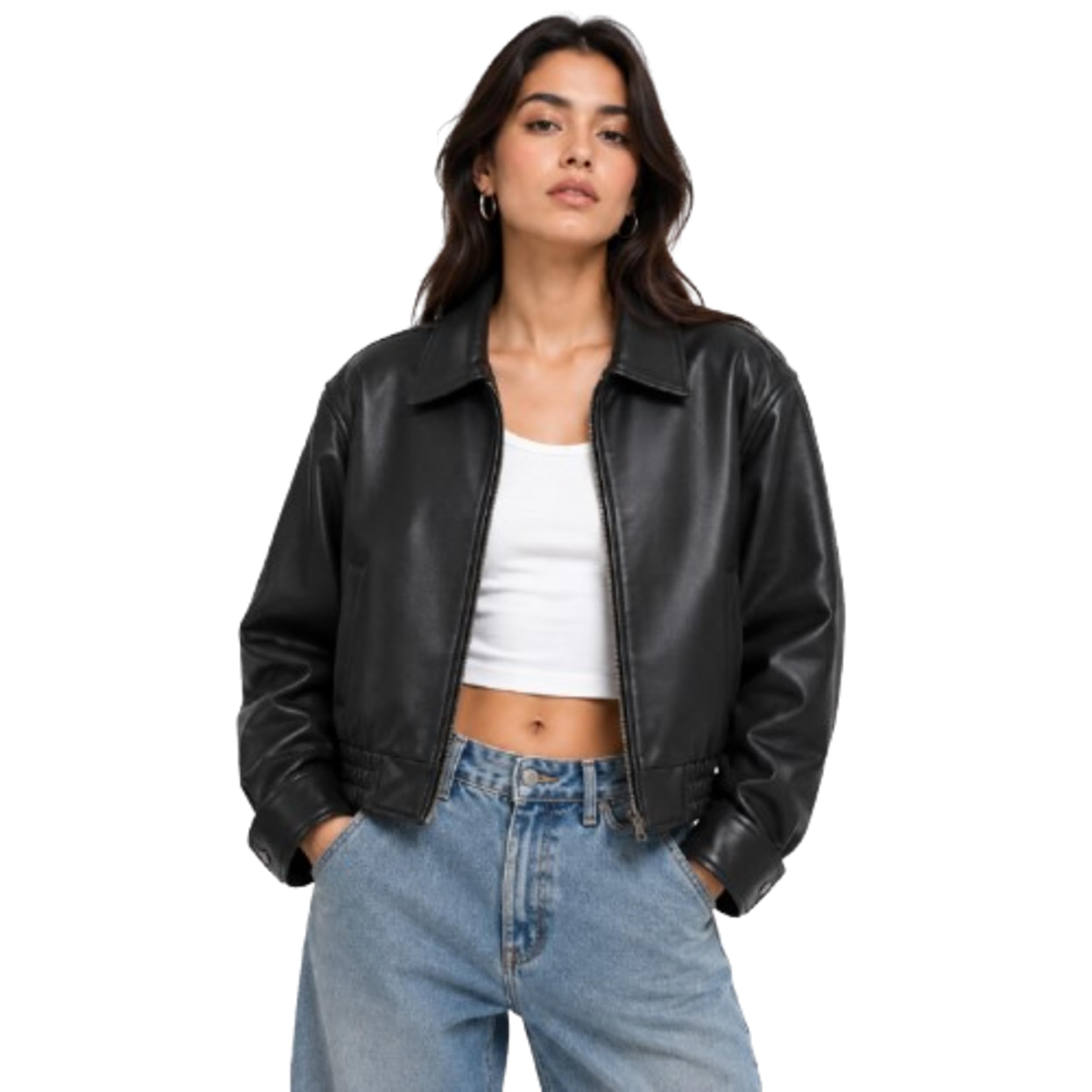 Women's Genuine Leather Jacket | 100% Genuine Leather | Baggy Oversized Cropped Leather Jacket for Women | Shirt Collar Casual Bomber Winter Jacket | Black-picture-23