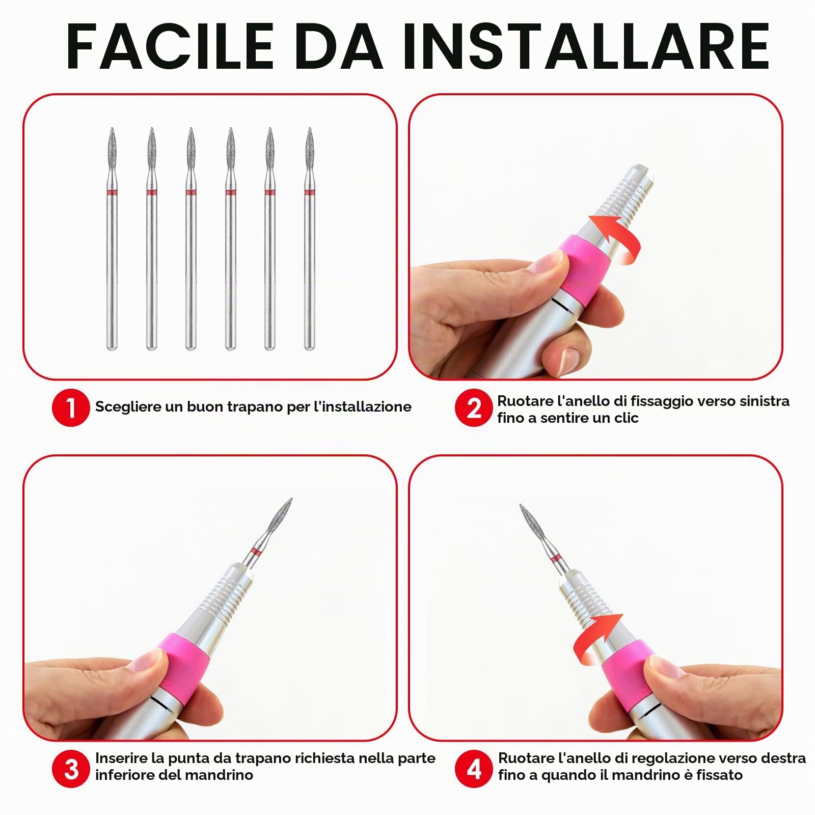 Sibba Set di Punte Trapano Cuticole con Fiamma Acciaio Inossidabile con Custodia Manicure Pedicure Diamantato Lucidatura Teste Macinazione Strumenti Metallo Professionale Rimozione Metallo Duro Unghie