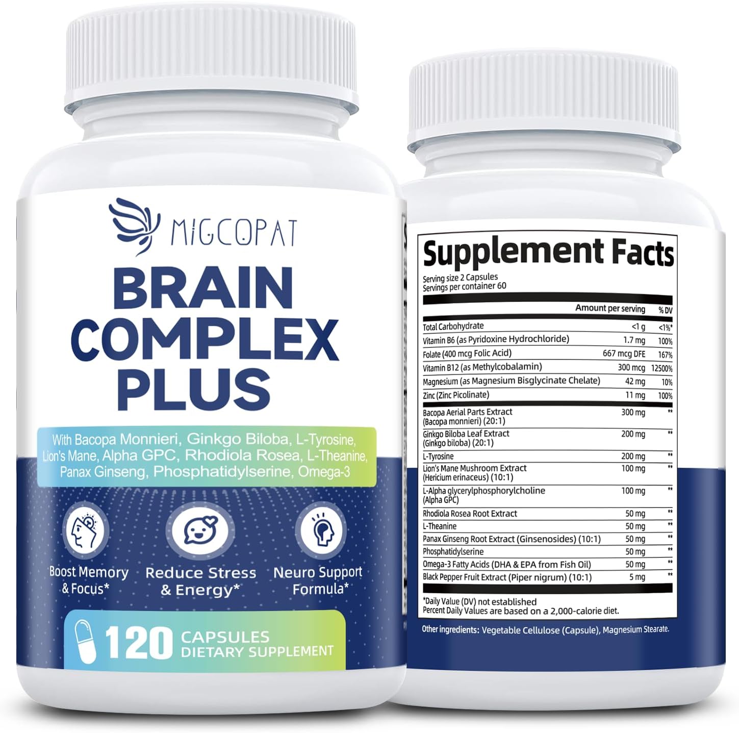 Brain Supplements for Memory and Focus | Nootropic with Bacopa Monnieri, Lion’s Mane, Alpha GPC, Ginkgo Biloba | Mental Clarity & Cognitive Support | Vitamin B6 & B12 Neuro Health – Non-GMO, 120 Caps