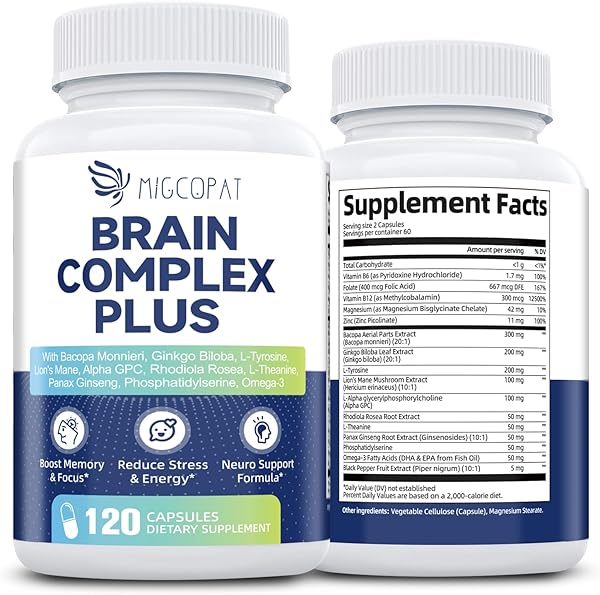 Brain Supplements for Memory and Focus | Nootropic with Bacopa Monnieri, Lion's Mane, Alpha GPC, Ginkgo Biloba | Mental Clarity & Cognitive Support | Vitamin B6 & B12 Neuro Health - Non-GMO, 120 Caps