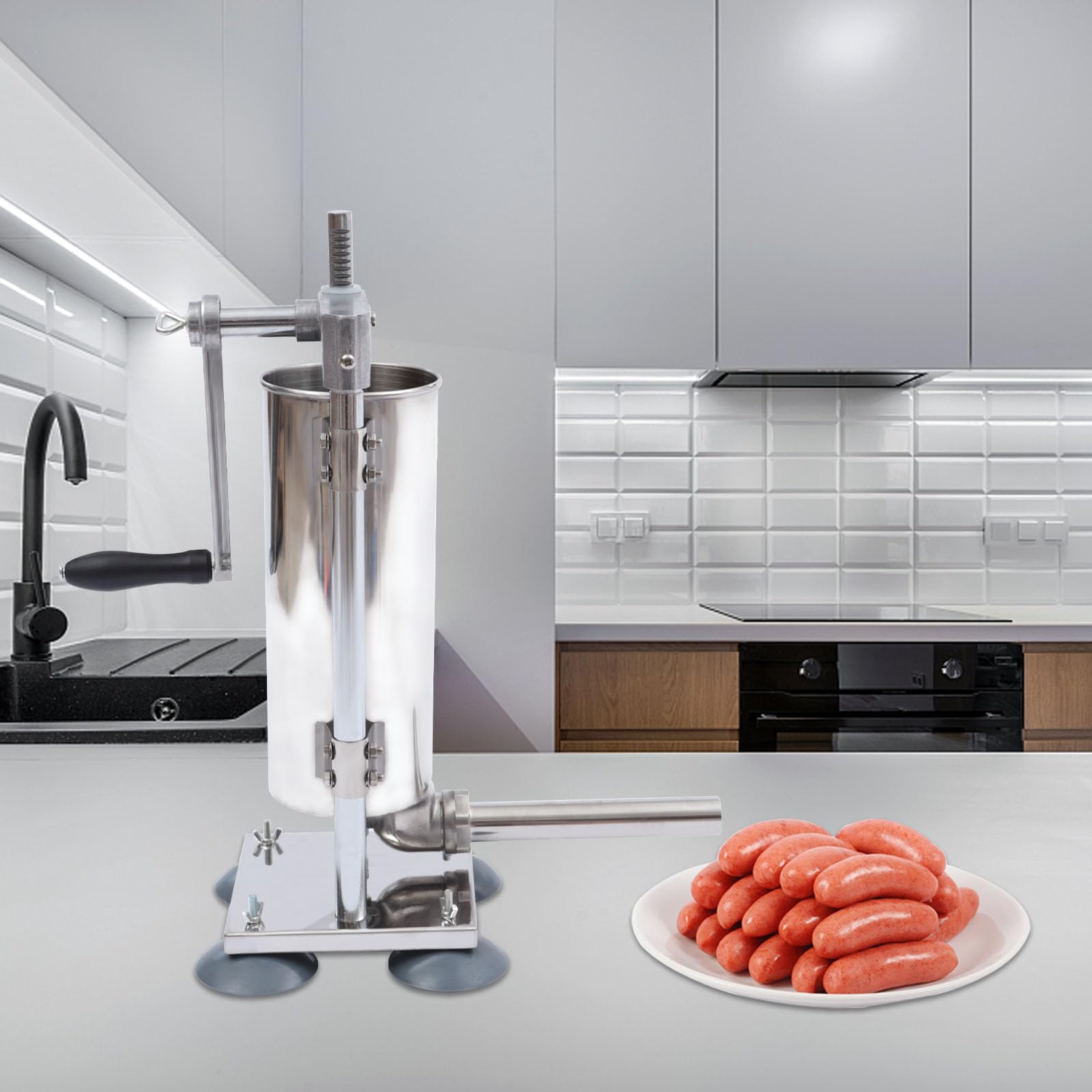 Riempitrice manuale per salsicce, 3 l, in acciaio inox, con manovella, 8 tubi di riempimento e 4 ventose, per salsicce fatte in casa, cucina e ristorante