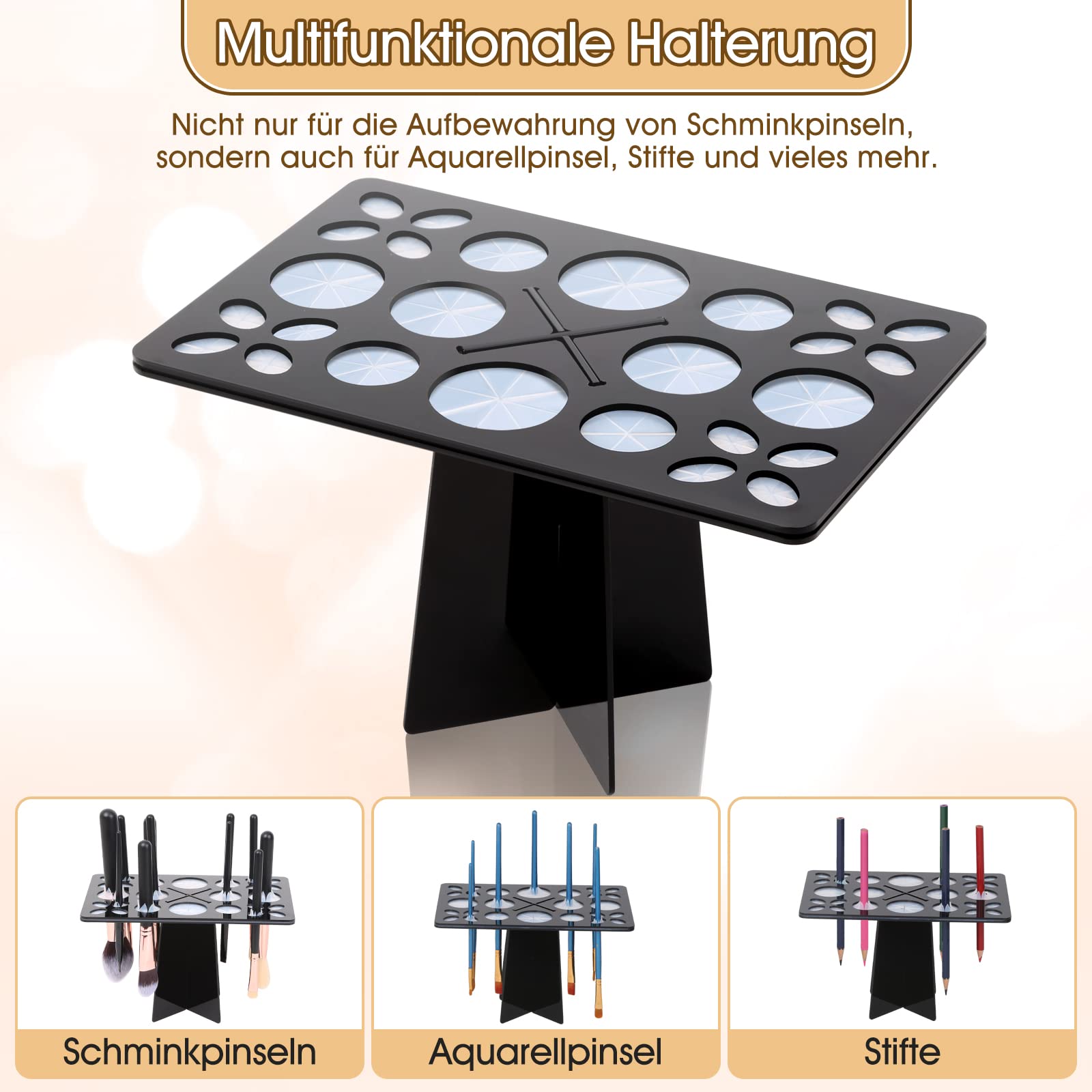 Pinselhalter Kosmetik, 26 Schlitze Zusammenklappbar Make Up Pinsel Halter Acryl Kosmetik Aufbewahrung Trockner Ständer zum Aufbewahren von Makeup Aquarellpinsel Acryl Nagelbürsten Malpinseln, Schwarz Kosmetik