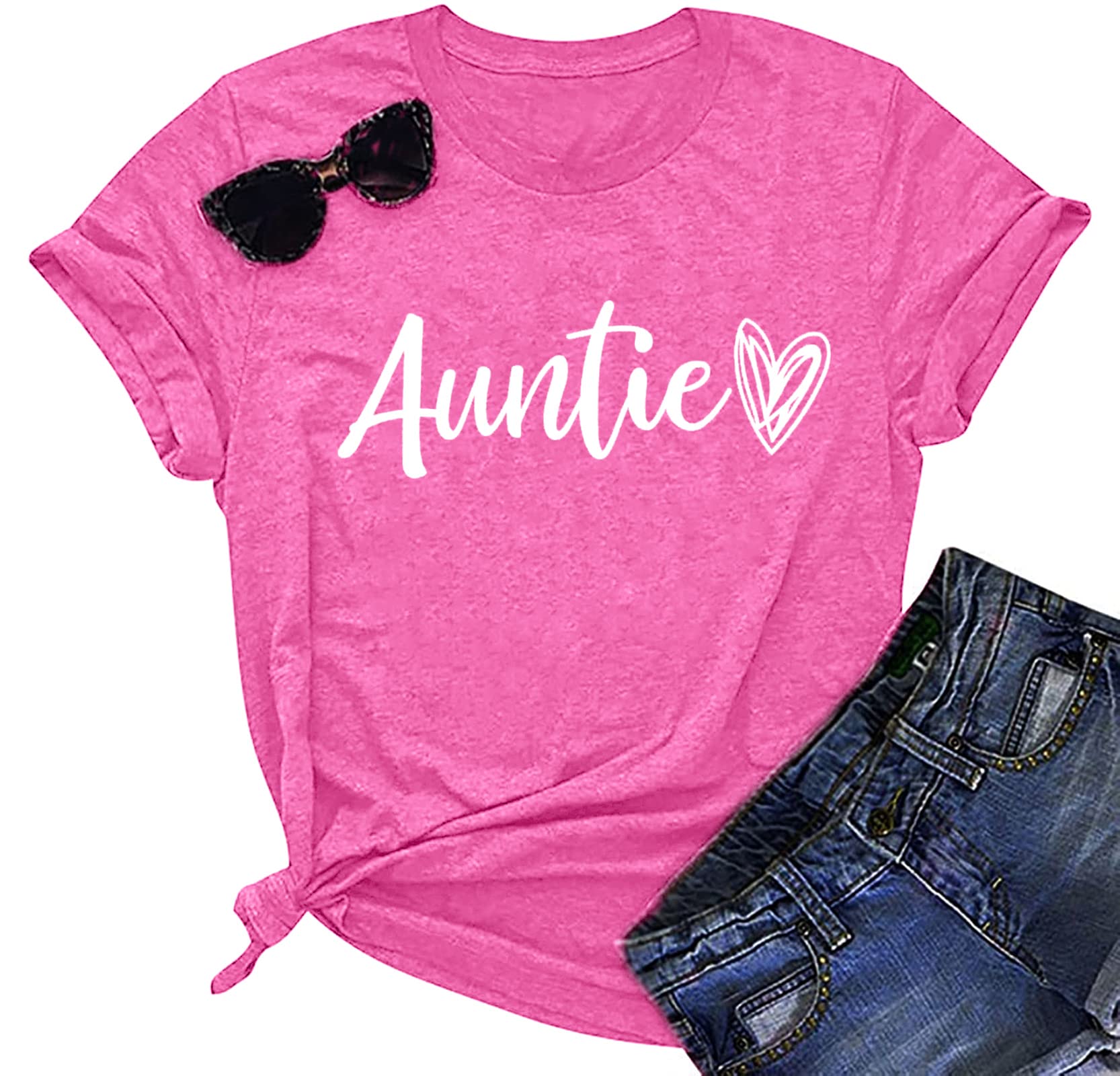 Auntie T Shirt Women Cute Love Heart Print Bless Aunt Tops Tees Casual Short Sleeve Vacation Shirts Tops