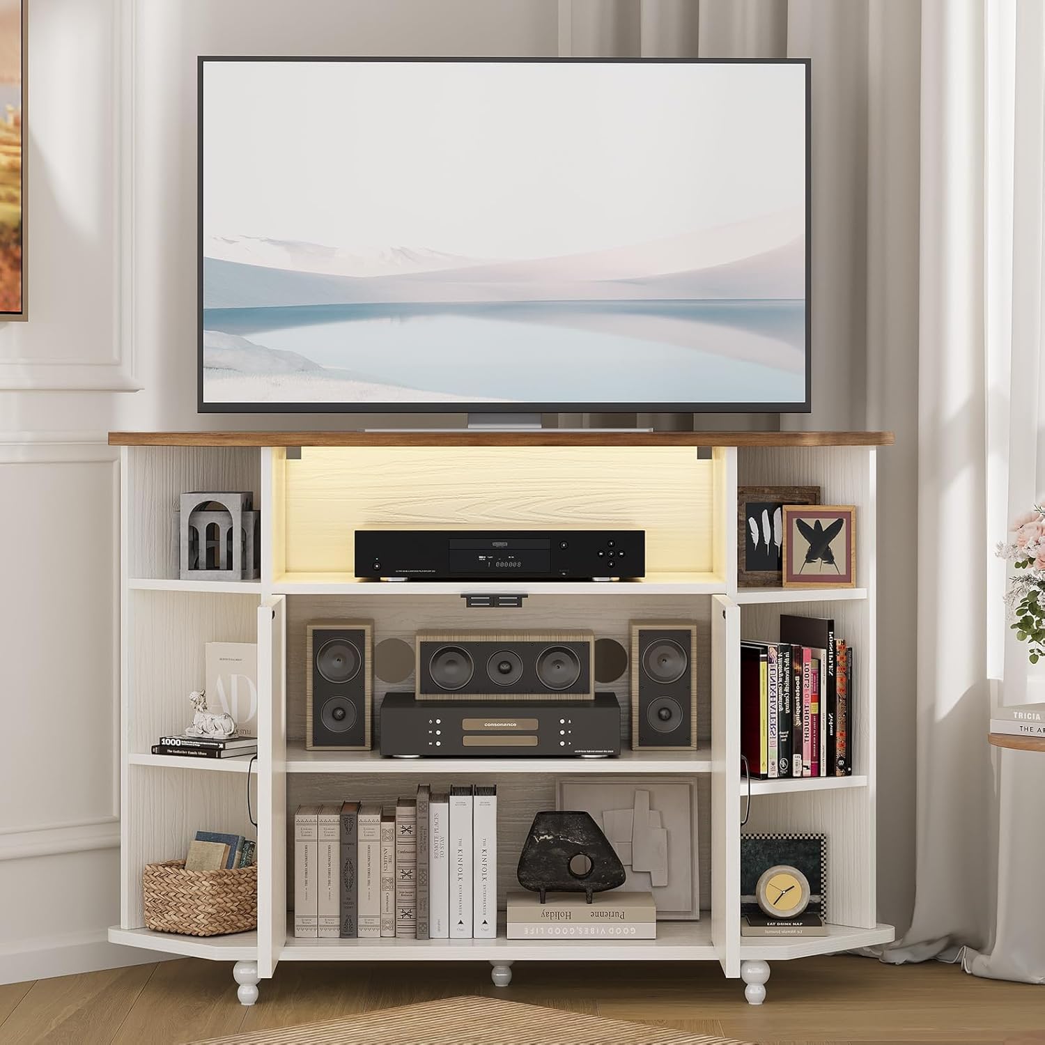 4 EVER WINNER Corner TV Stand for 50 Inch TV, Farmhouse Corner Entertainment Center with LED Lights and Adjustable Shelves, Corner TV Cabinets with Barn Doors for Living Room, White