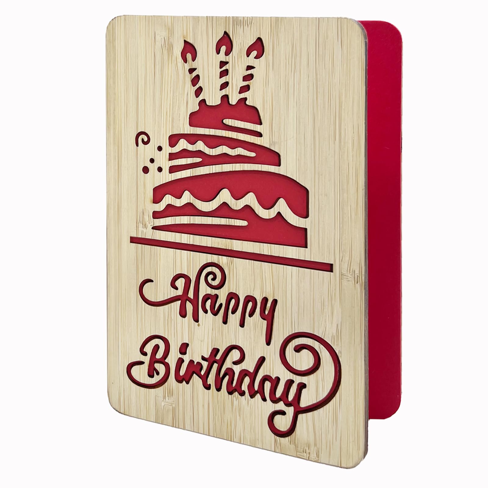 Happy Birthday Greeting Card,Handmade with Real Bamboo Wood, Cute Cake Pattern Wooden Greeting Cards,Special Birthday Gift Card for Friends