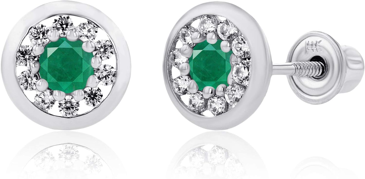 Solid 14K Gold 6mm Circle Natural Birthstone Screwback Stud Earrings For Women | 2.50mm Round Birthstone | 1mm Created White Sapphire Pave Circle Screwback Earrings For Women