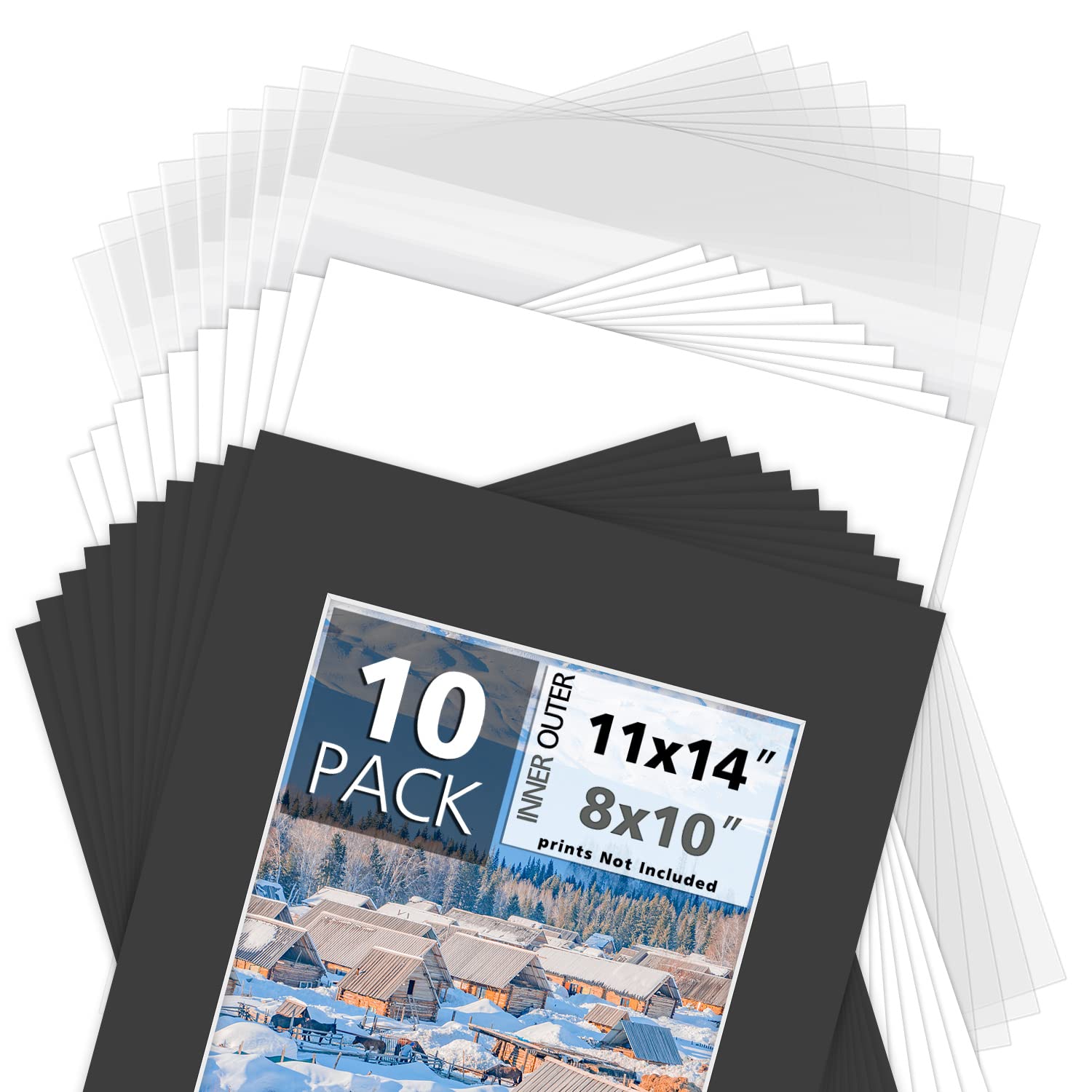 MBC MAT BOARD CENTER, Pack of 10-11x14 Pre-Cut 8x10 - Black Mats - for Pictures, Photos, Framing - Kit Includes: 10 White Backboards and 10 Clear Bags - Acid Free, 4-ply Thickness, White Core
