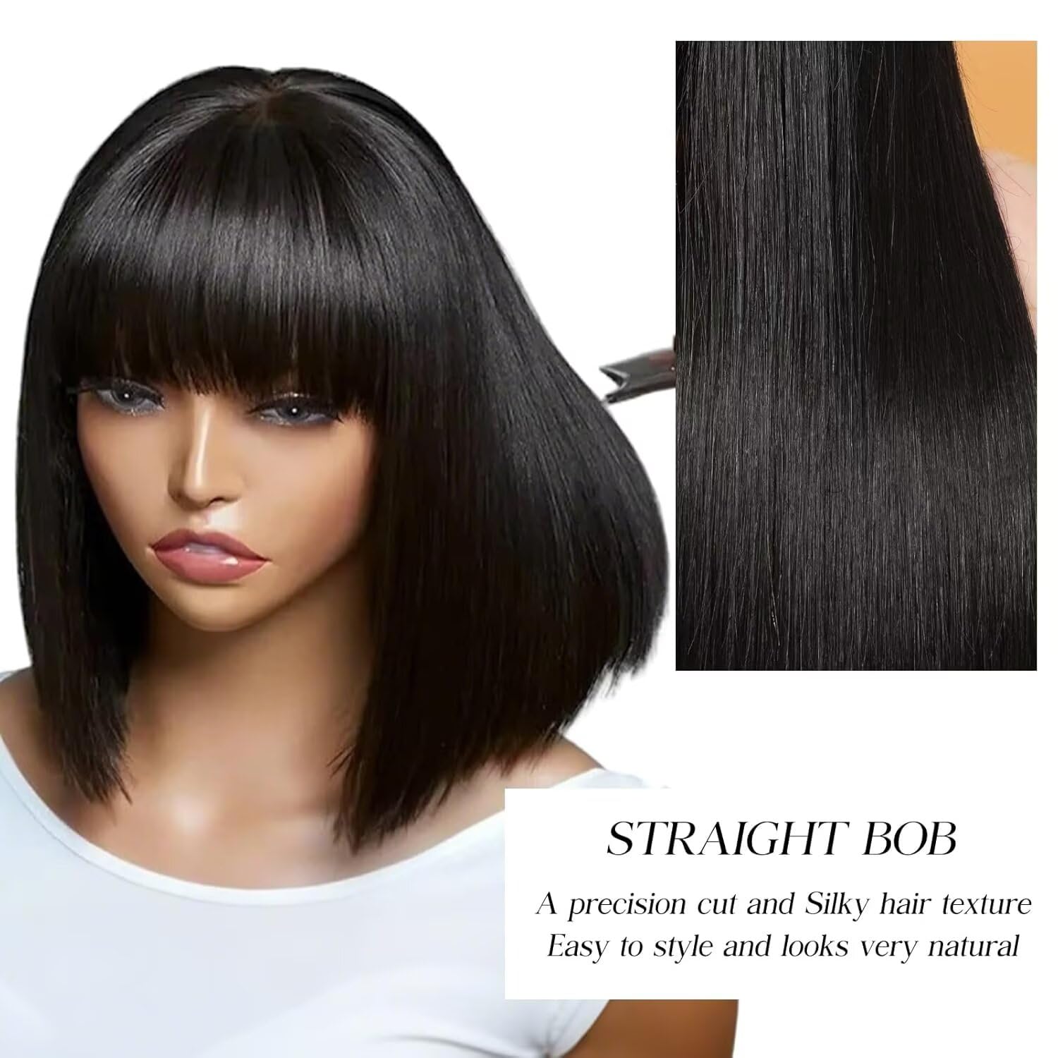 Bob Wigs Human Hair with Bangs Straight Short Bob Wig with Fringe 180% Density Wear and Go Glueless Bone Straight Wigs for Black Women 12Inch - Image 3