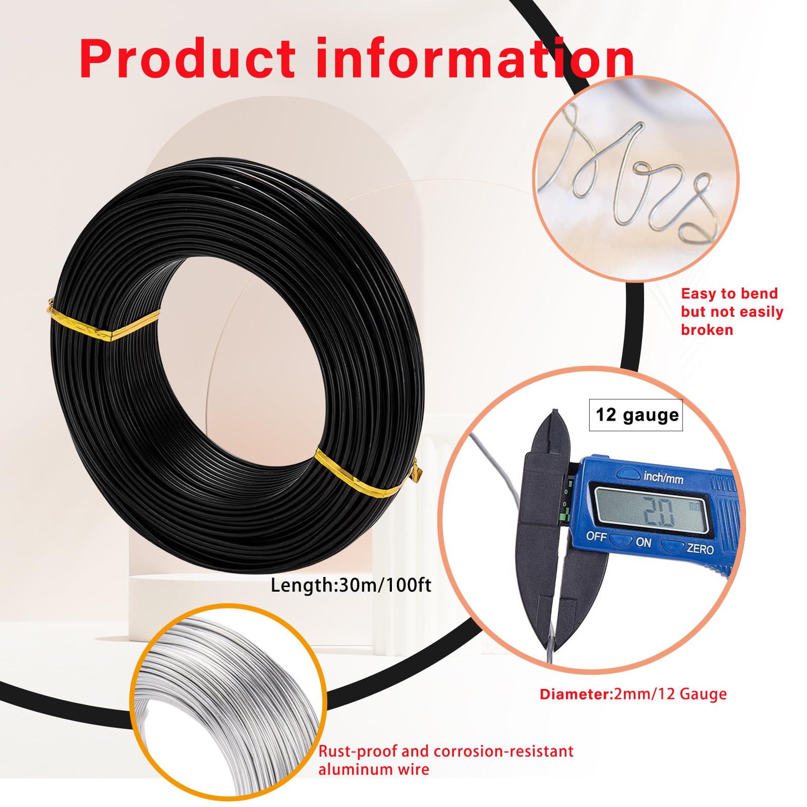 12 Gauge 2mm Black Aluminum Craft Wire,100 Ft/30m Bendable Metal Crafting Wire for Sculpting,Bike Modelling Skeleton Crafting Floral Making Wire,Jewelry Making Wire,Binding Wire for Xmas Wreath Wire - Image 2
