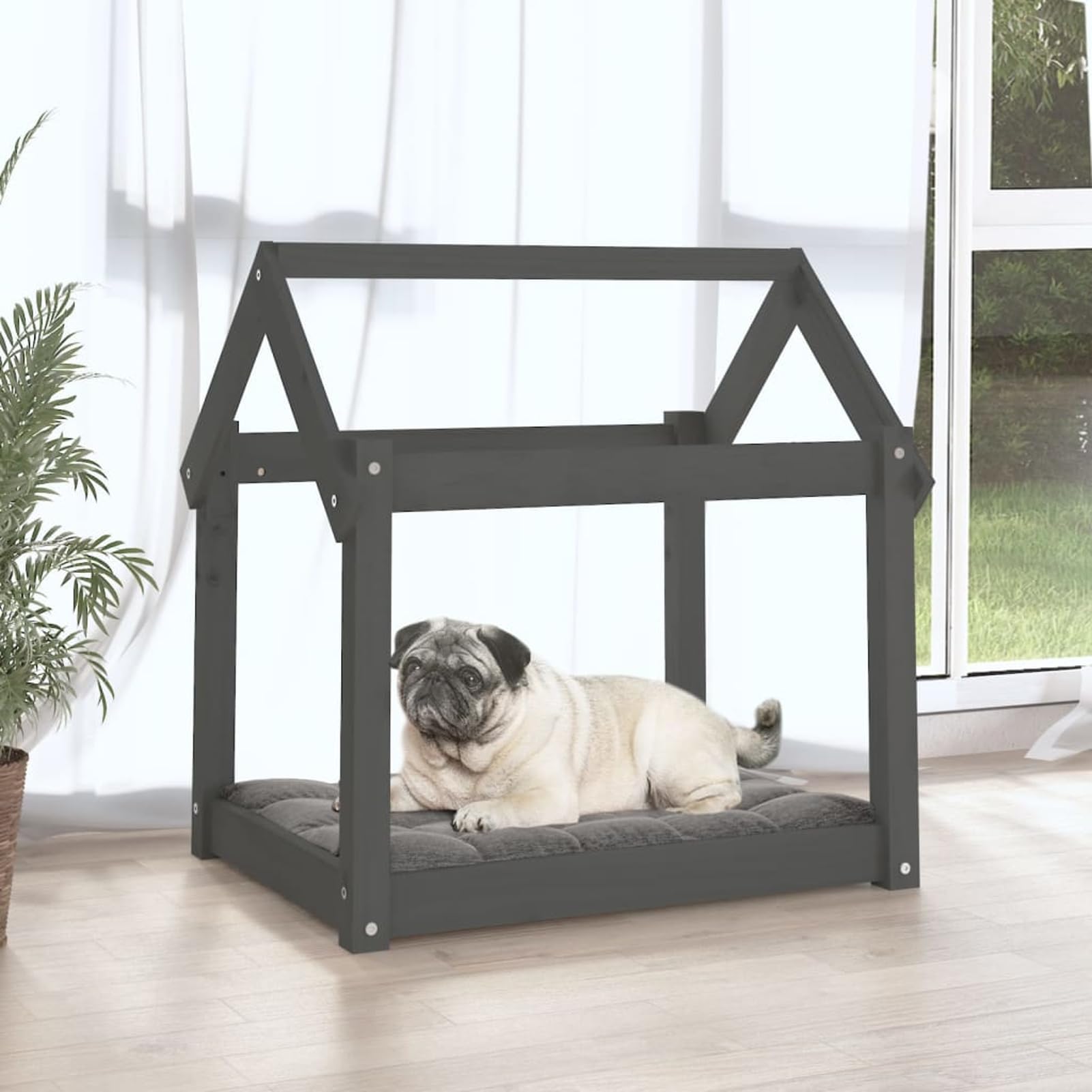 Legowisko dla psa, szare, 71 x 55 x 70 cm, lite drewno sosnowe | Lite drewno sosnowe, stabilna rama drewniana, prosty design do minimalistycznych pomieszczeń mieszkalnych