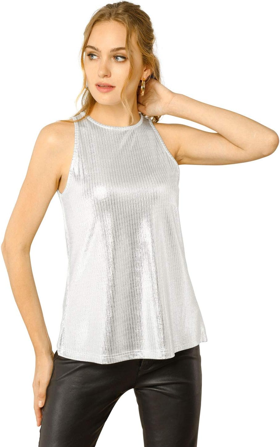 Women's Metallic Tank Tops Shiny Sleeveless Party Disco Shirt image 2