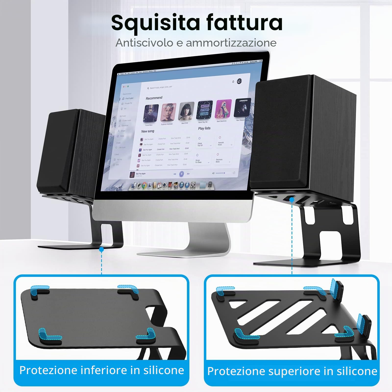 Vaydeer 1 Paio di Supporti per Altoparlanti da Scrivania in Metallo, con Cuscinetto di Assorbimento delle Vibrazioni, Design Speciale Inclinazione, Supporto Audio per Altoparlanti del Computer, Nero