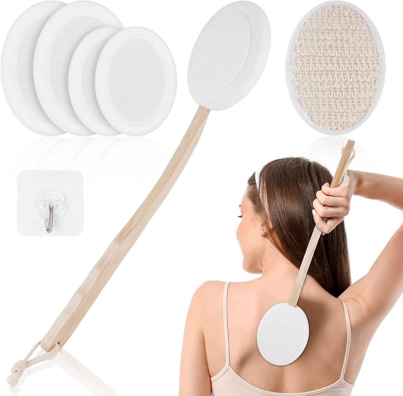 URAQT Back Cream Applicator, 7 Pack Lotion Applicator for Back, 2 in 1 Body Brush Back Scrubber for Self Application and Shower, Long Wooden Handle Back Applicator with 4 Pads, Bath Brush and Hook