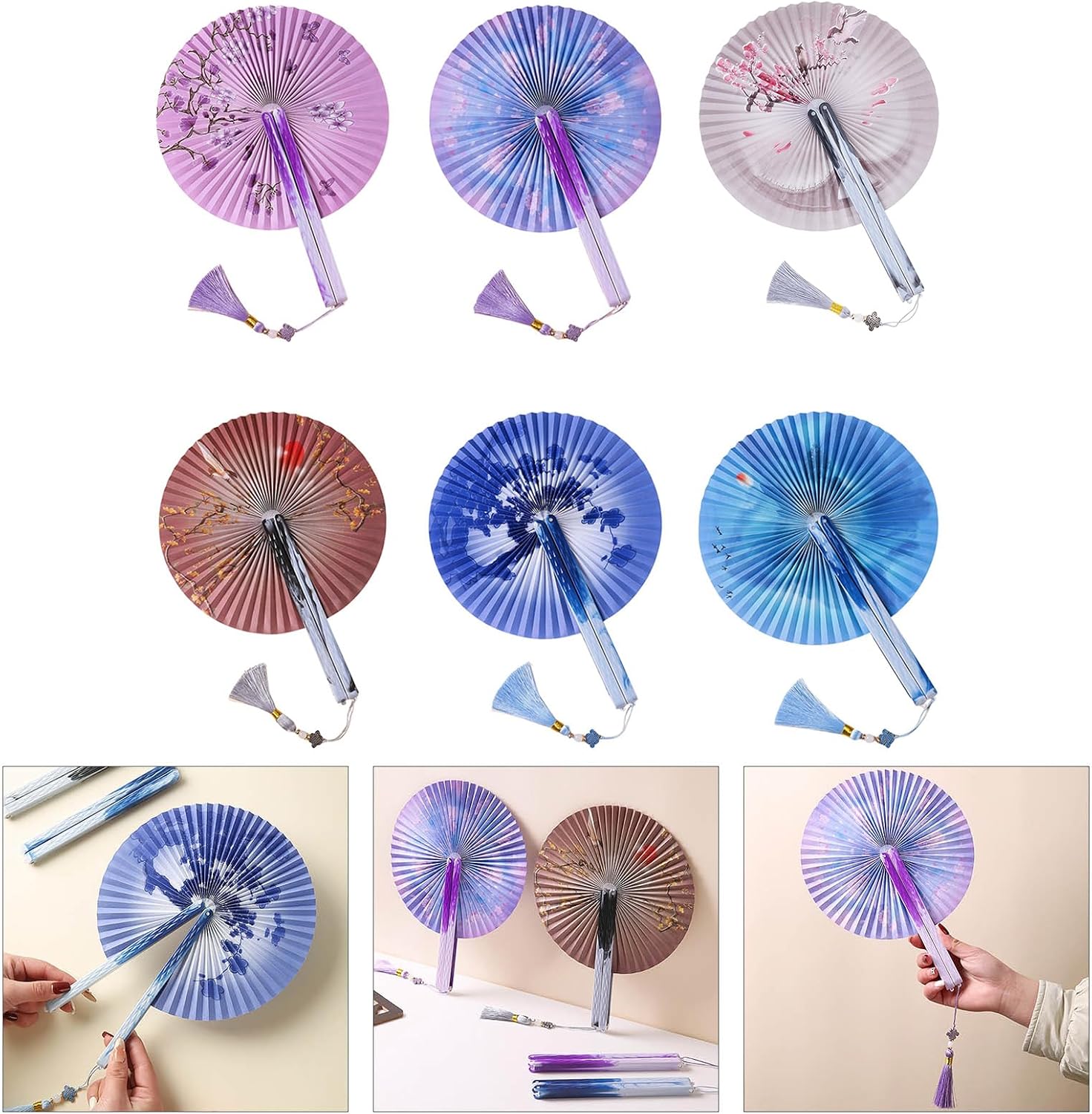 Handheld Hand Fan with Pendant Folding Fan for Women Vintaged Shape Paper for Weddings and Decorations Traditional Chinese