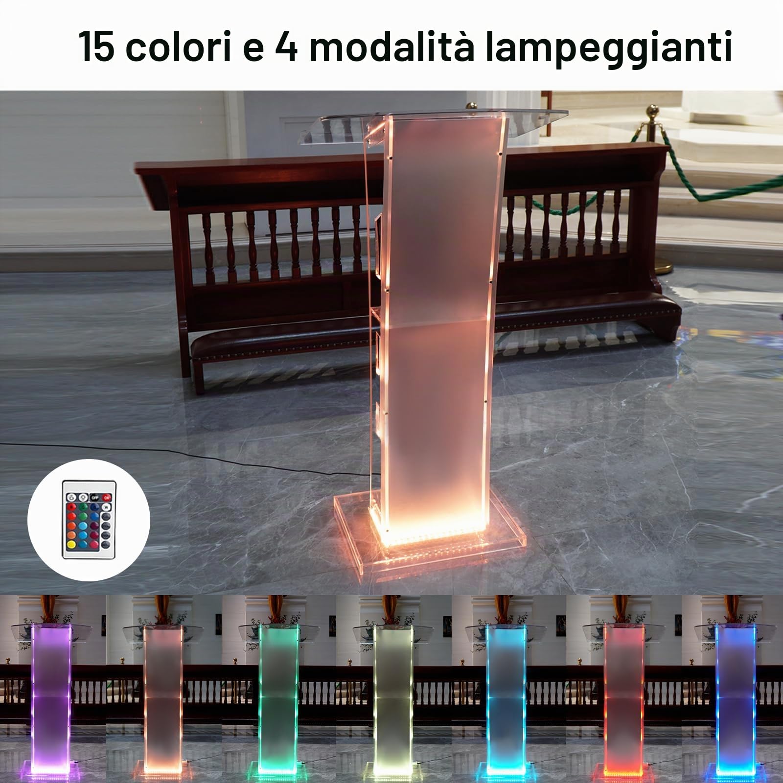 Afitdon Podio Acrilico, Trasparente in Acrilico con ripiano di Memoria, pulpito della Chiesa con Luce a LED a 15 Colori, stabilità per Chiesa, conferenza, Matrimonio, Aula (23,6 "x 16 "x 45,2")