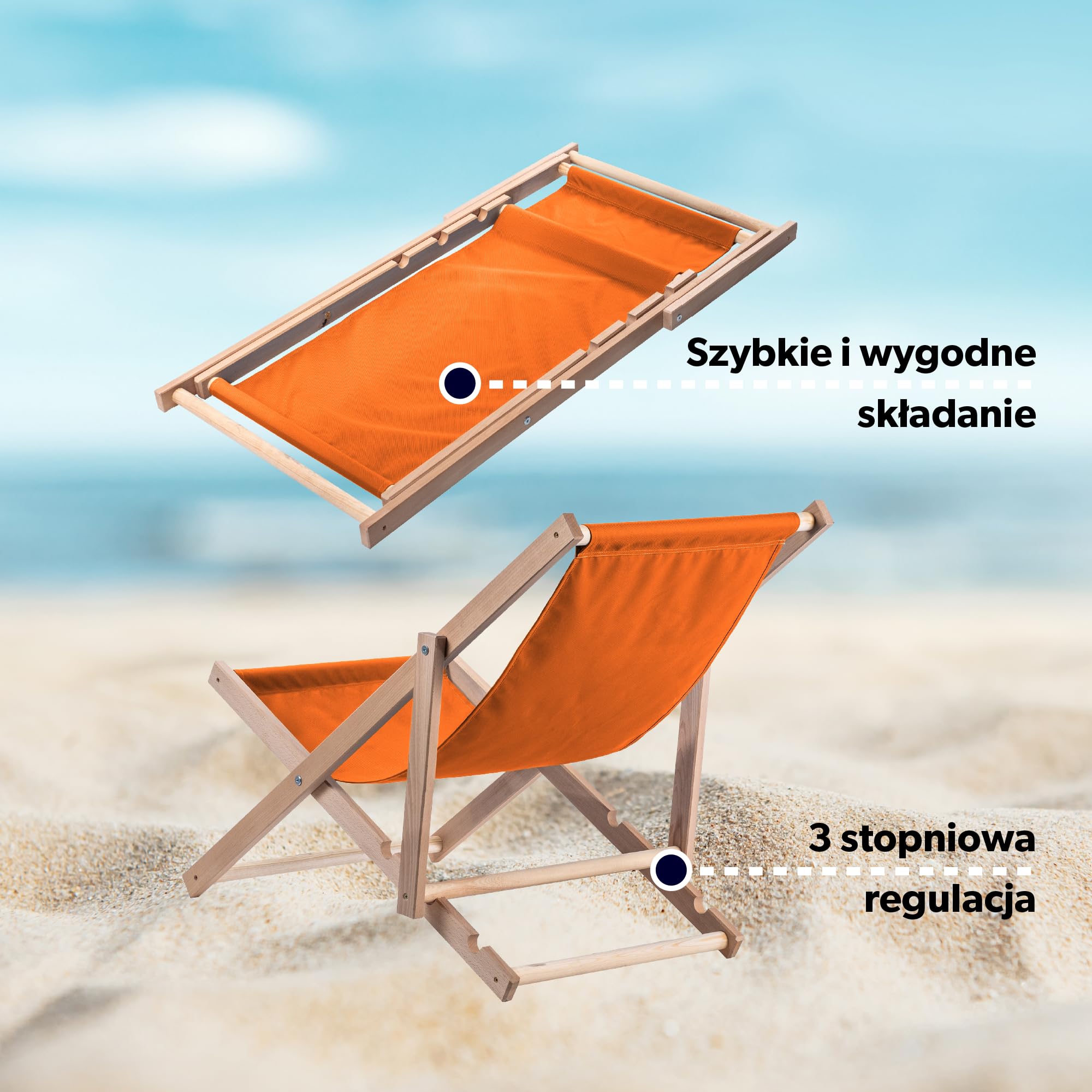 KADAX Leżak drewniany z buku, składany na plażę i do ogrodu, solidna konstrukcja, udźwig do 120 kg, łatwe przechowywanie, kolor pomarańczowy