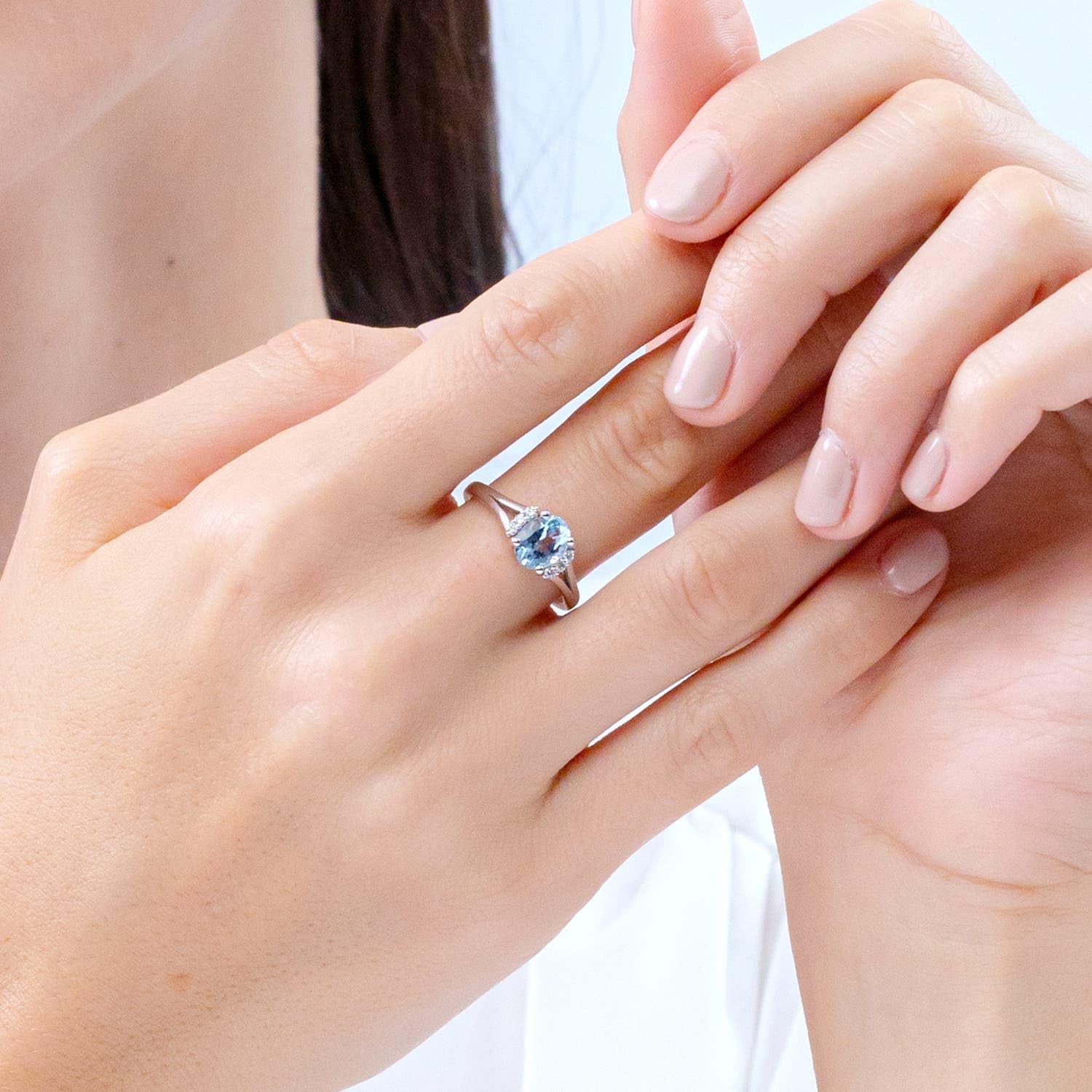 Angara Natural Aquamarine Engagement Ring for Women | Oval Aquamarine in 14K Solid Gold/Sterling Silver/Platinum | March Birthday, Gemstone Jewellery Gift - Image 4