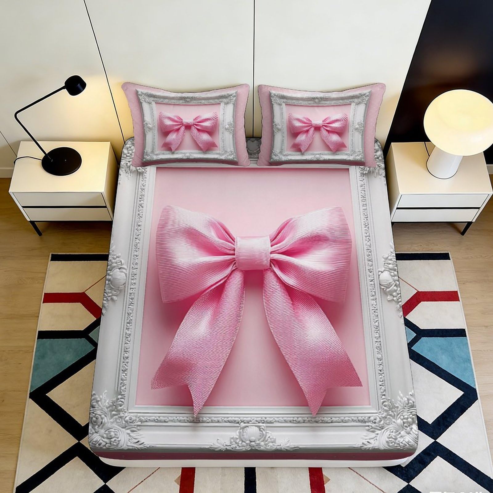 3D Printed Pink Bow Fitted Sheet Microfiber Soft Decorative Frame Mattress Cover for Bedroom Dorm Rental Apartment 90x200x25cm