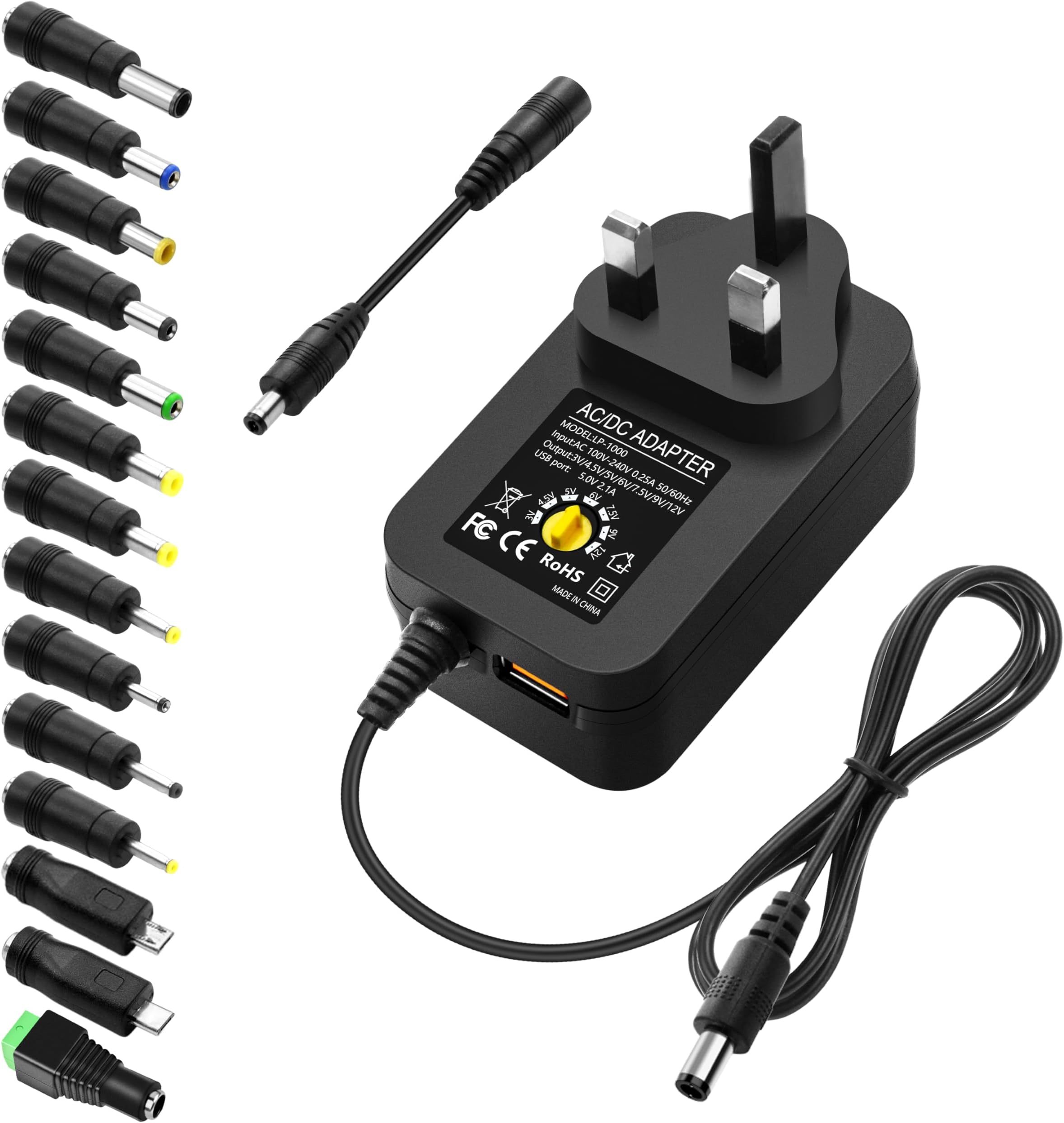 ALITOVE 30W Universal AC to DC Power Supply Adapter 3V to 12V Adjustable with 14Adapter Tips & USB Port for Household Electronics Routers 2.5A Max