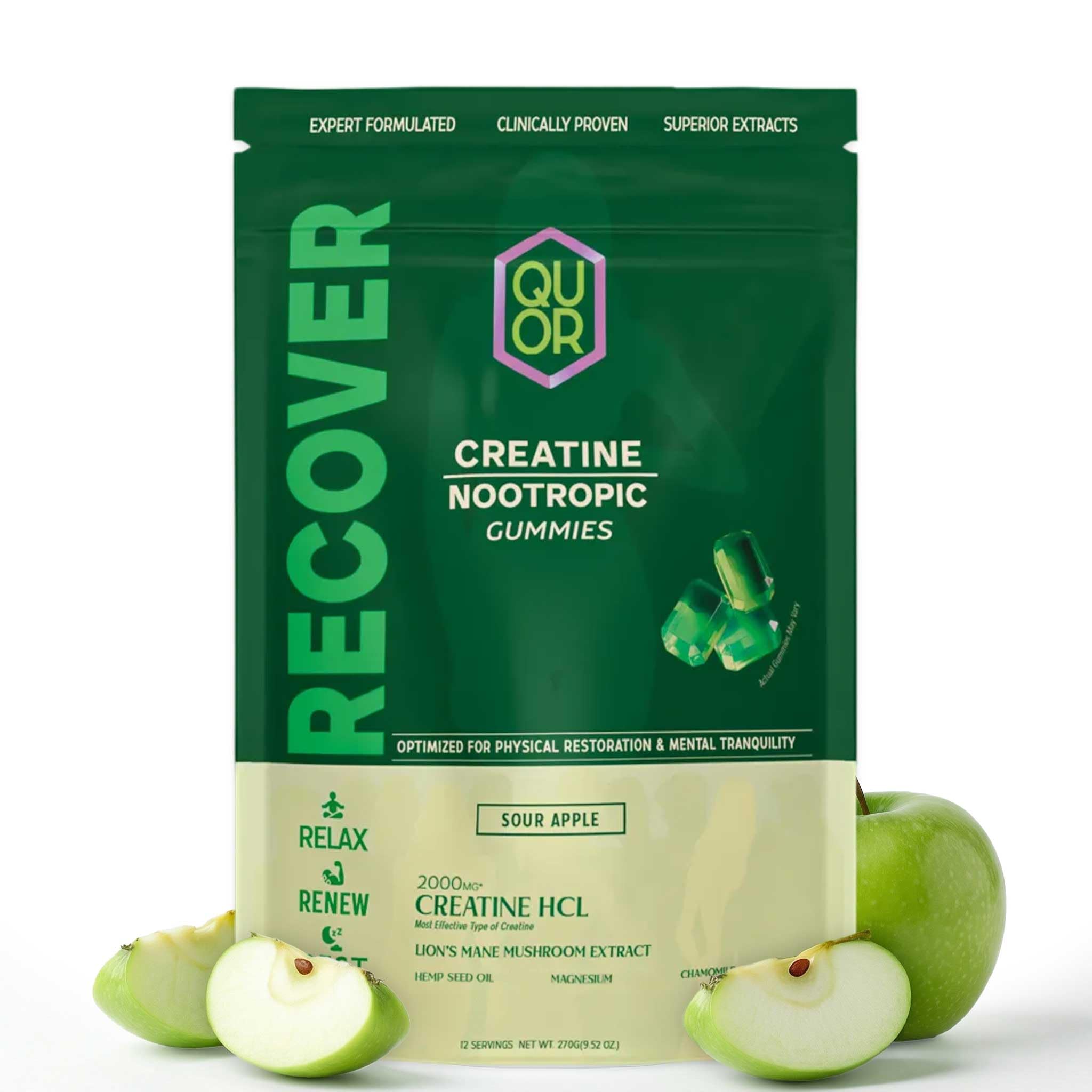 QUOR Gomas de creatina HCl com magnésio glicinato, juba-de-leão e camomila, sabor maçã verde azeda, 60 gomas