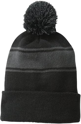 Gorro de invierno con pompones de acrílico a rayas de dos tonos