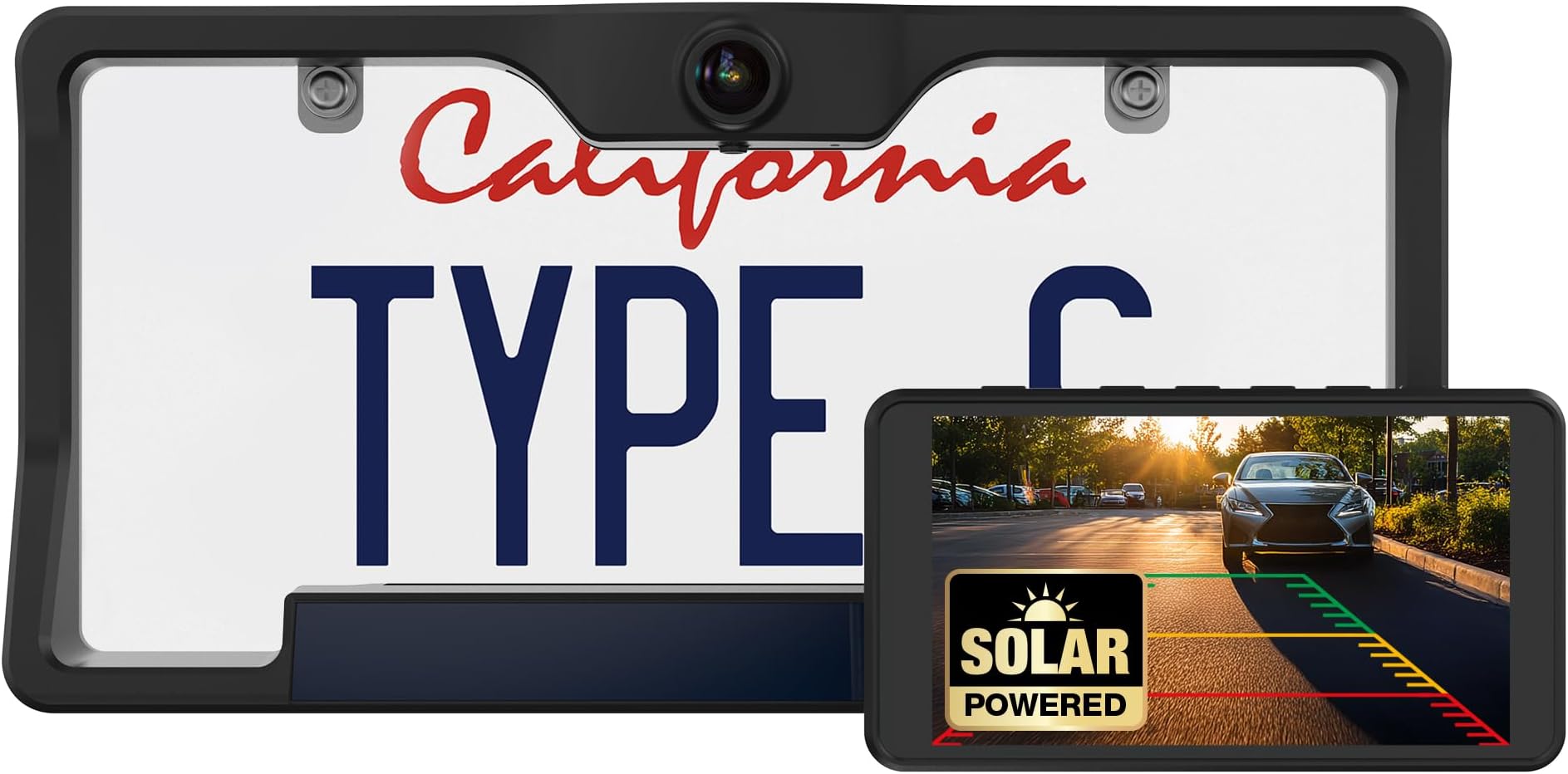 Type S License Plate Frame HD Wireless Backup Camera, 5" Monitor with Motion Activation, Solar Charging, no Hardwire, 160ยฐ Wide Rear View with Night Vision, Portable Cam for Truck, Car, SUV, RV