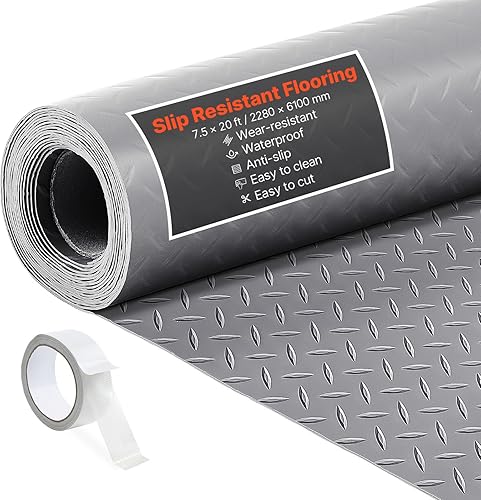 VEVOR 7.5x20 Ft Garage Floor Mat Roll, 2.2mm Thick PVC Diamond Plate Flooring, Non-Slip Waterproof, Silver Gray