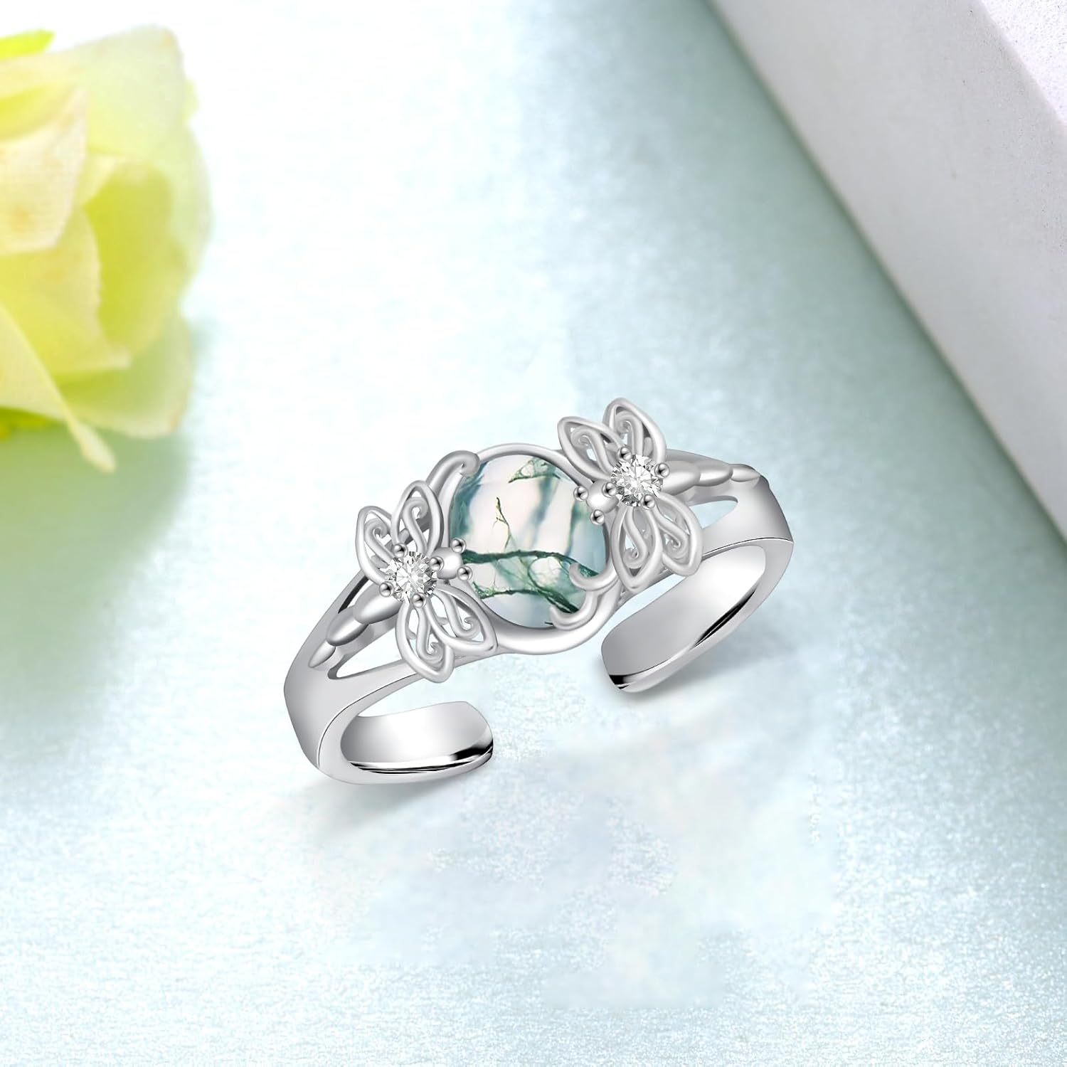 Moss Agate Dragonfly Ring 925 Sterling Silver Moss Agate Adjustable Ring Dragonfly Jewelry Gifts for Women Gifts