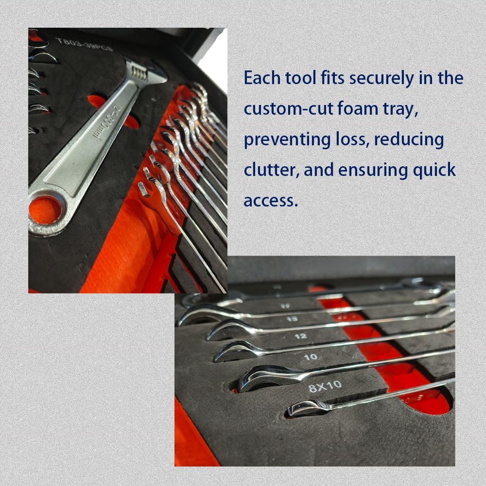 JZD 38 PCs Mechanic Wrench Tool Set in Foam Storage Tray, for Garage Auto Repair Shop Home Workshop