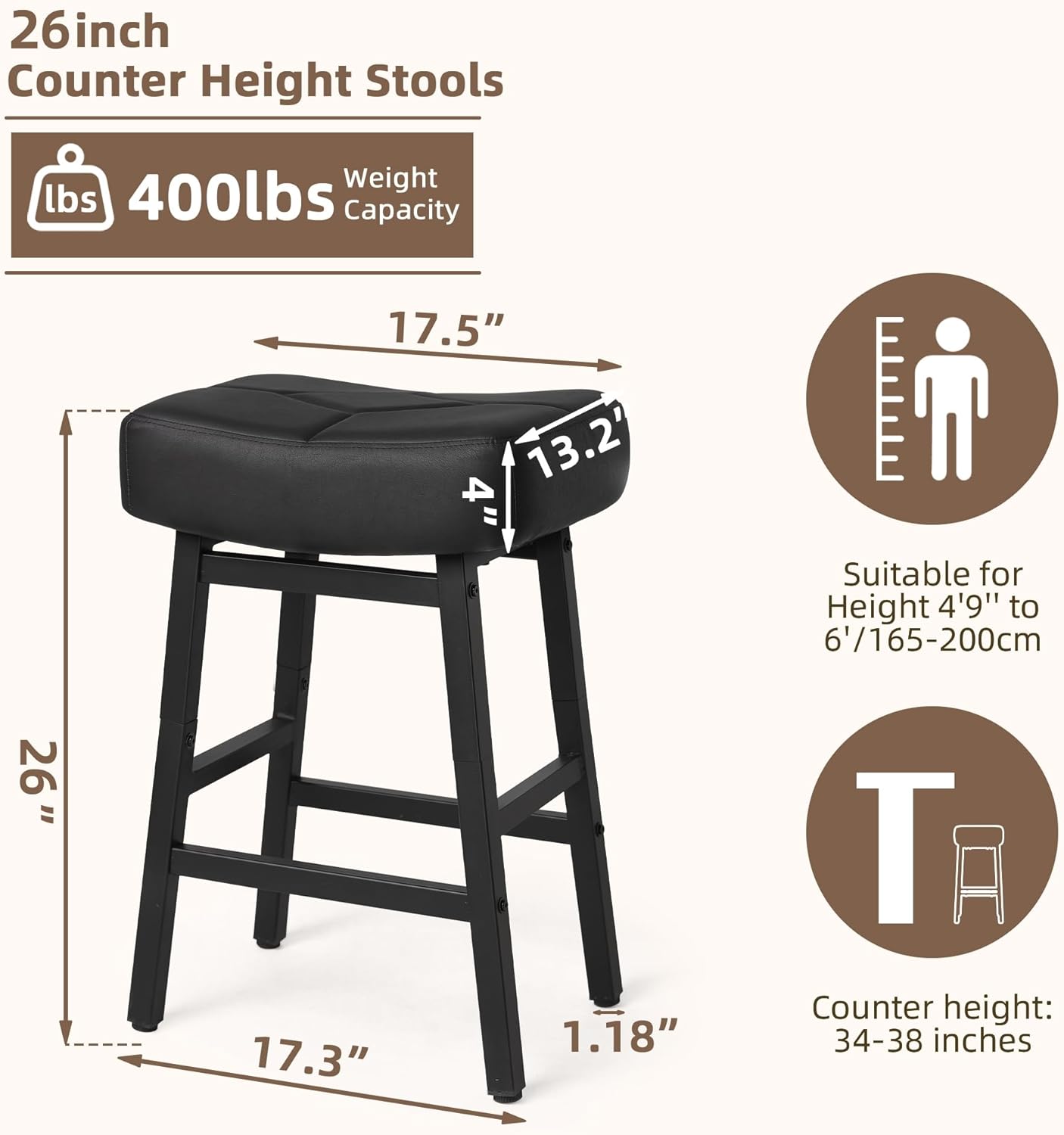 Counter Height Bar Stools Set of 2, 26 Inch Backless BarStools for Kitchen Island Leather Saddle Bar Chairs Kitchen Stools with 4" Thick Seats & Heavy Duty Metal Base, Black