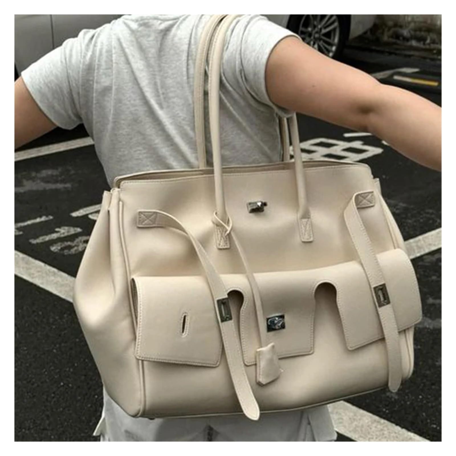 Borse da Donna Borsa a tracolla grande capacità in pelle scamosciata nera con chiusura in argento e oro, alla moda
