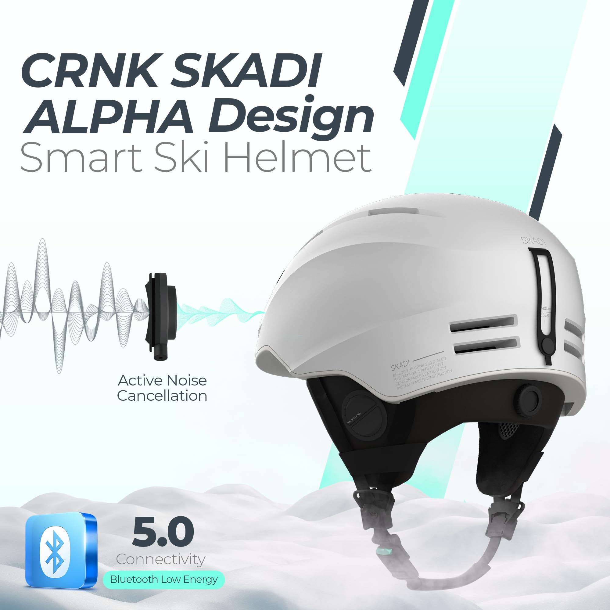 CRNK Skadi Casque de Ski Bluetooth - Casque Ski Homme - Casque Ski Femme - Casques de Ski - Casque Snowboard - Ski Homme - Casque de Ski Homme - Ski Bluetooth - Casque Ski Blanc - Noise Cancelling