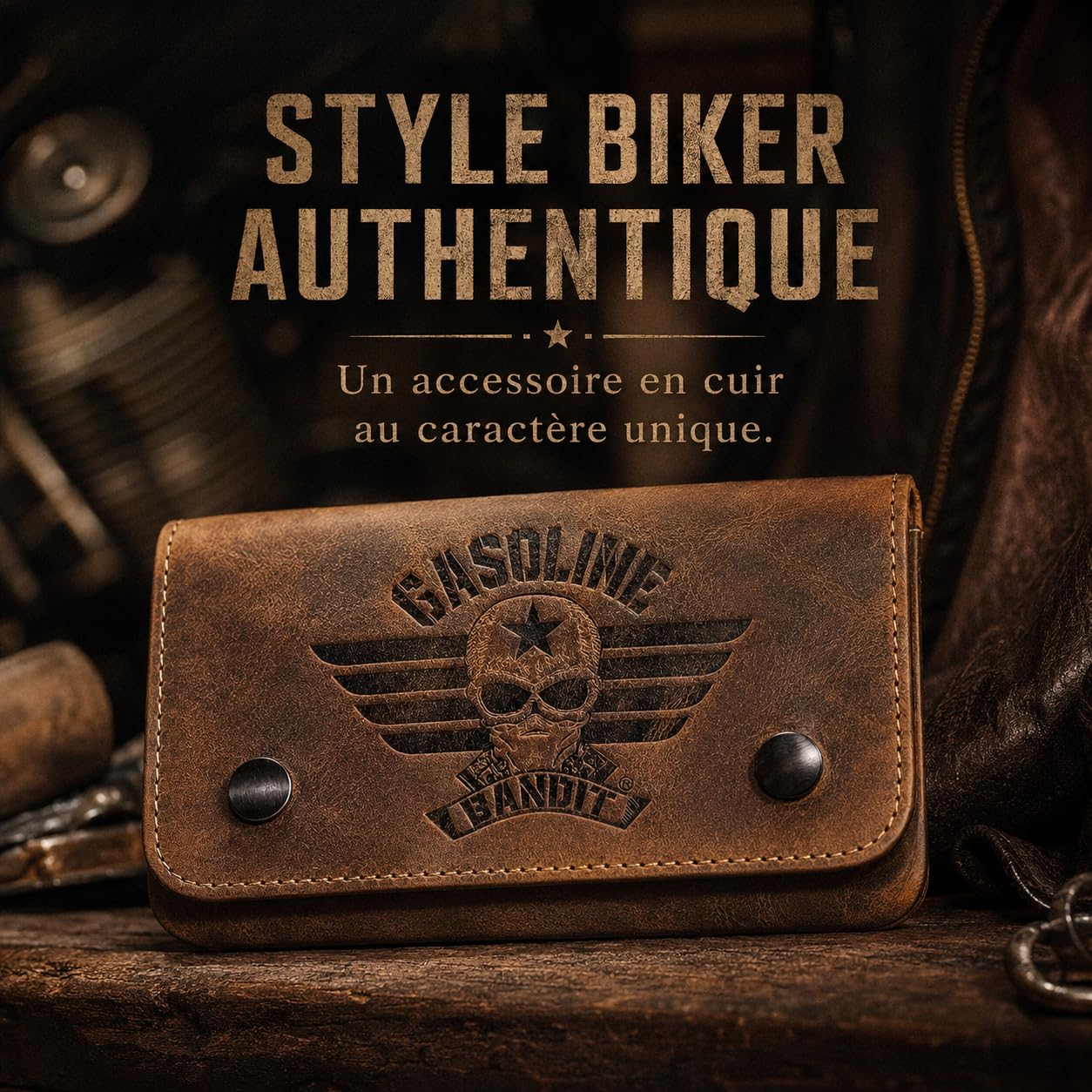 GASOLINE BANDIT Blague à Tabac en Cuir Véritable | Pochette Tabac Vintage en Cuir Bovin Ciré, Étui à Tabac Souple avec Distributeur de Papier, Look Usé, 9 x 15 cm