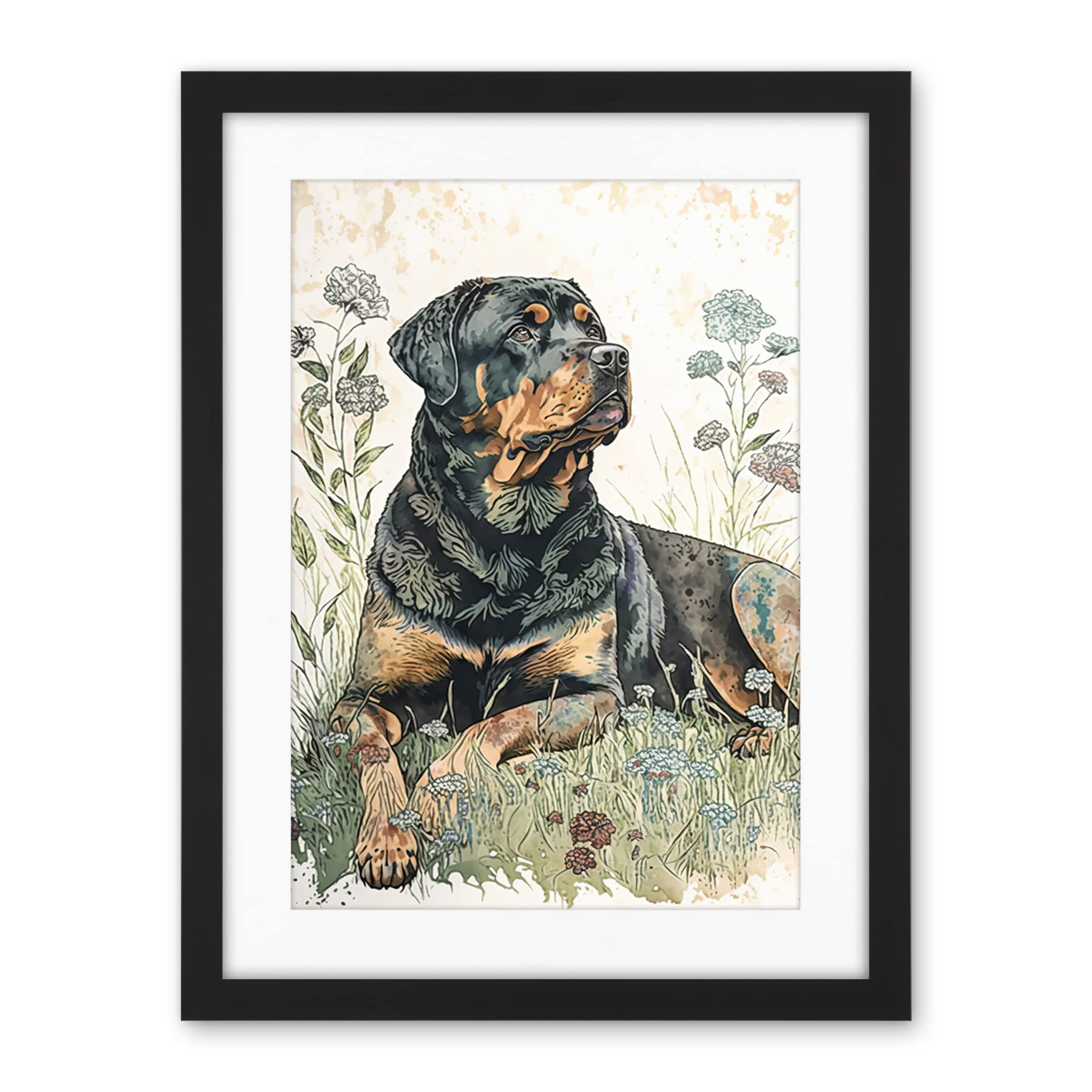 Artery8 Rottweiler Dog Lying in Wildflowers Bright Watercolour Illustration Artwork Framed Wall Art Print 18X24 Inch