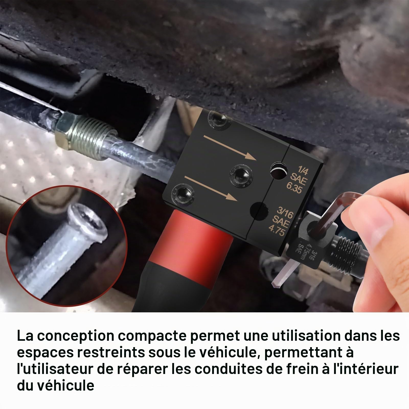 Kit d'évasement pour conduites de frein SAE - Kit d'évasement à double tête - Pour conduites de frein de voiture de 4,75 et 6,35 mm - Avec câble de frein de 7,62 m de diamètre et 4,75 mm et 16