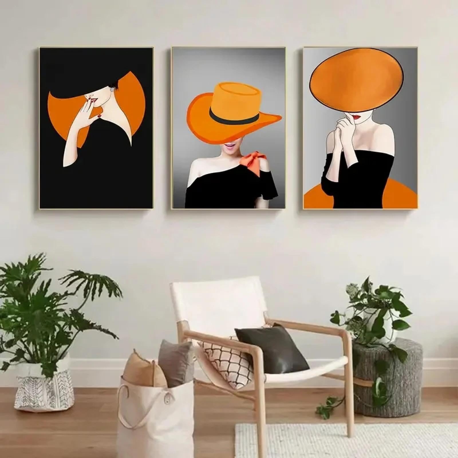 XINBAO 3 szt. elegancka czarna spódnica pomarańczowy kapelusz damski plakat sztuka ścienna płótno plakat salon korytarz sypialnia dekoracja obraz wydruki 30 x 45 cm x 3 bez ramy