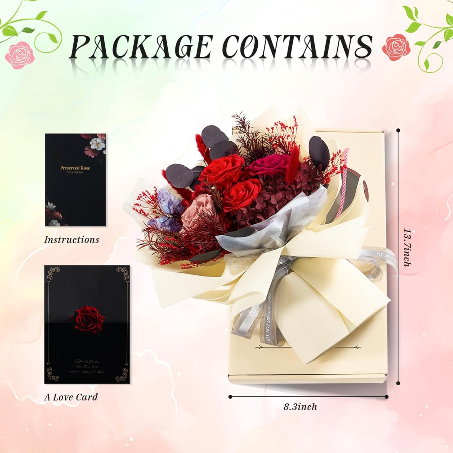 Preserved Flowers Bouquet Roses with Vases,Real Birthday Flowers for Delivery Prime,Forever Glitter Rose Bouquets Kit,Handmade Eternal Rosas Butterfly Gifts for Mom Birthday Women Girl (Red) - Image 3