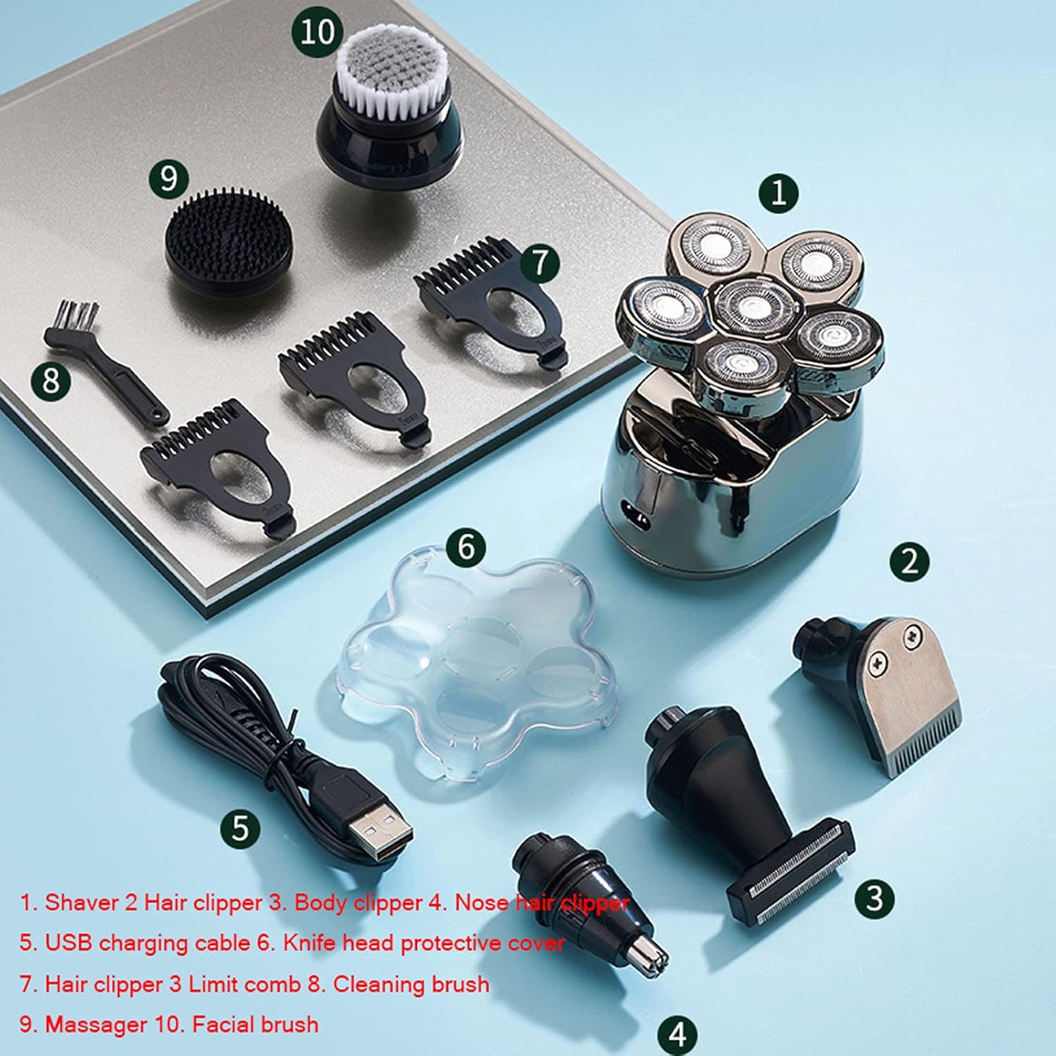 Silver,Multifunctional Men's Electric Shaver Kit Cordless Waterproof Hair Clipper Nose Hair and Beard Trimmer with Facial Cleaning Brush LED Display USB Charging