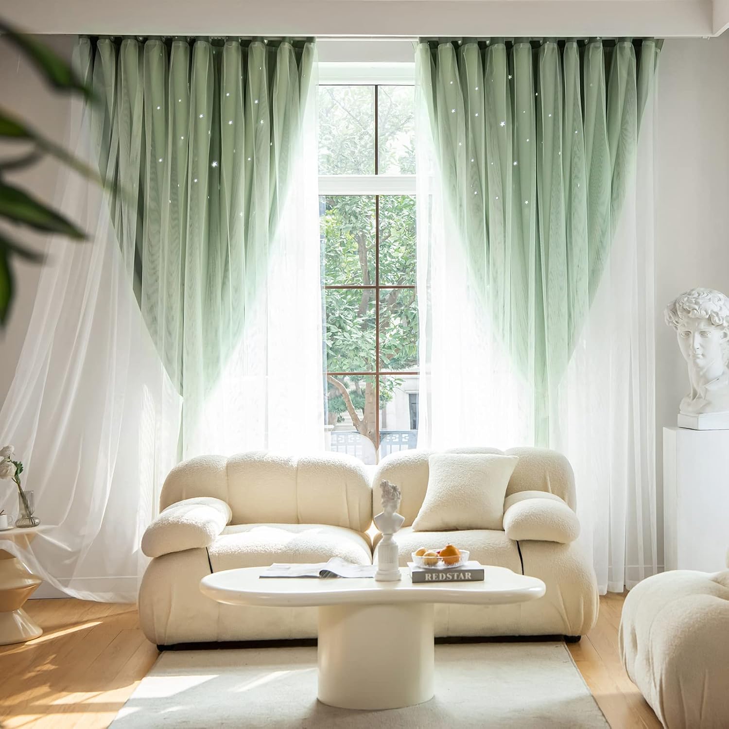 Loyala Stars Blackout Curtains for Bedroom - Double Layer, Kids, Cute - 63 Inch Long, Green, 42 x 63 Inch