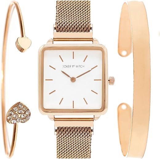 Joker &amp; Witch Stainless Steel Bliss Rosegold Analog Watch Bracelet Set For Women, White Dial, Rose Gold Band
